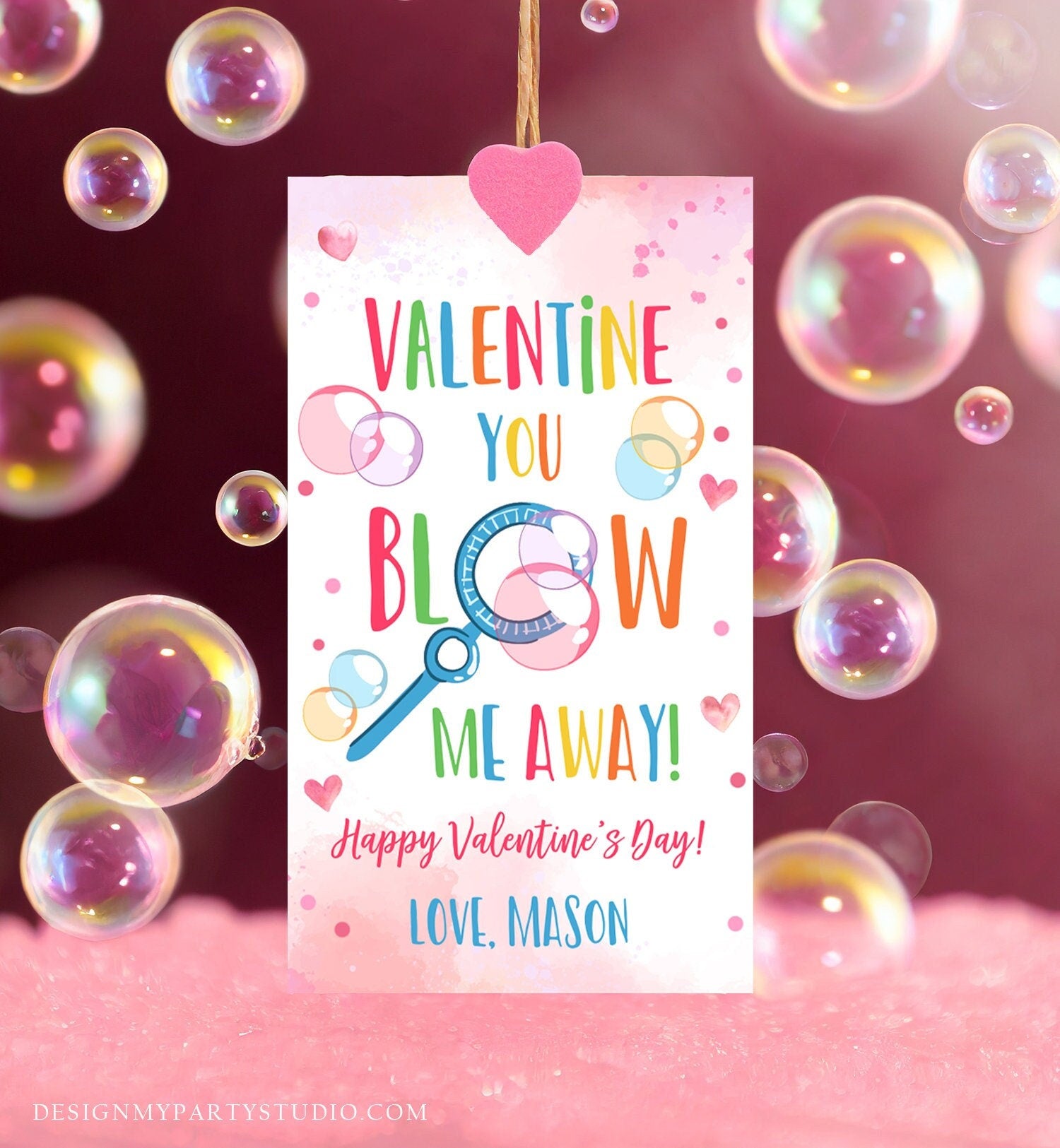 Editable Valentine You Blow Me Away Favor Tag Thank You Blowing Bubbles Soap Valentine's Day Tag School Digital Template Printable 0370