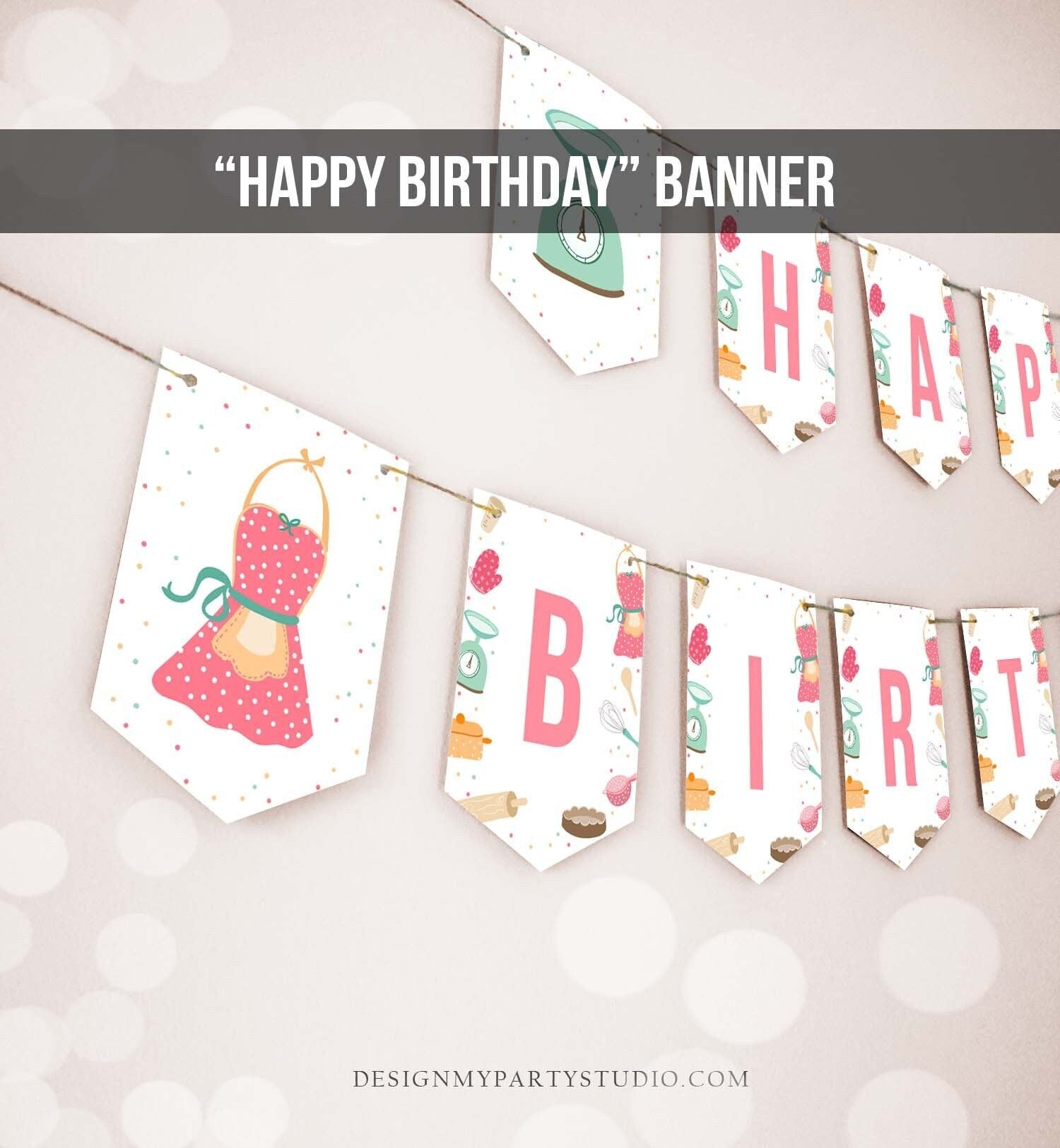 Happy Birthday Banner Cooking Birthday Banner Kitchen Baking Party Baby Shower Girl Decoration Instant Digital Download Printable 0219