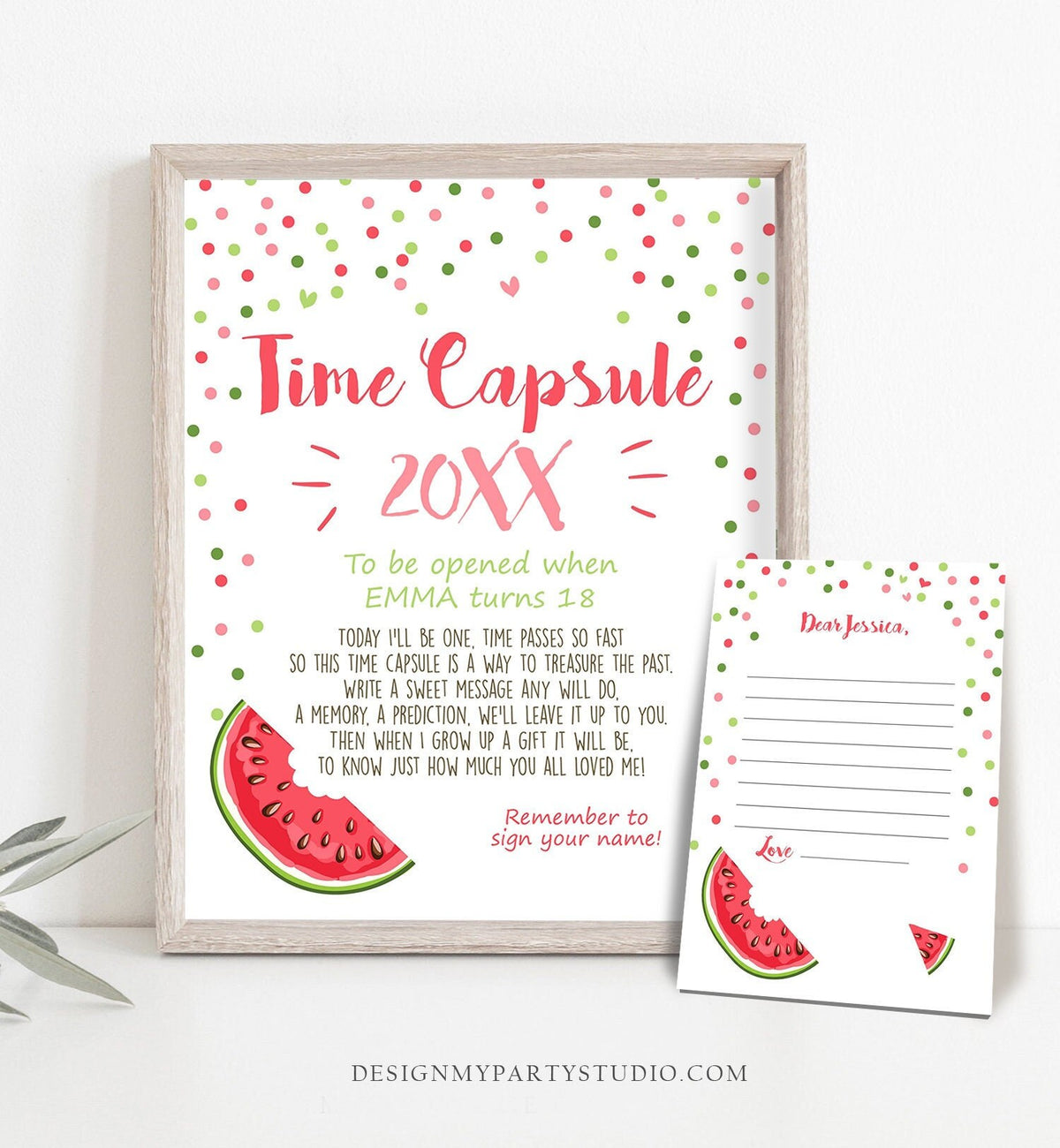 Editable One in a Melon Time Capsule First Birthday Party Watermelon Pink Red Girl Birthday Melon Guestbook Digital Template Printable 0120