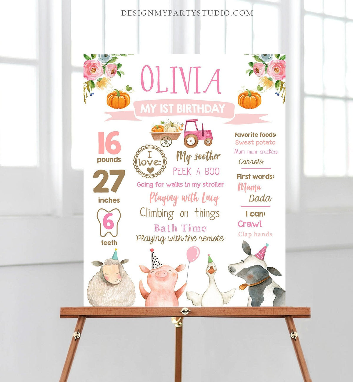 Editable Pumpkin Farm Animals Birthday Milestones Sign Girl Pink Fall Farm Birthday Barnyard Bash Autumn Download Template Printable 0155