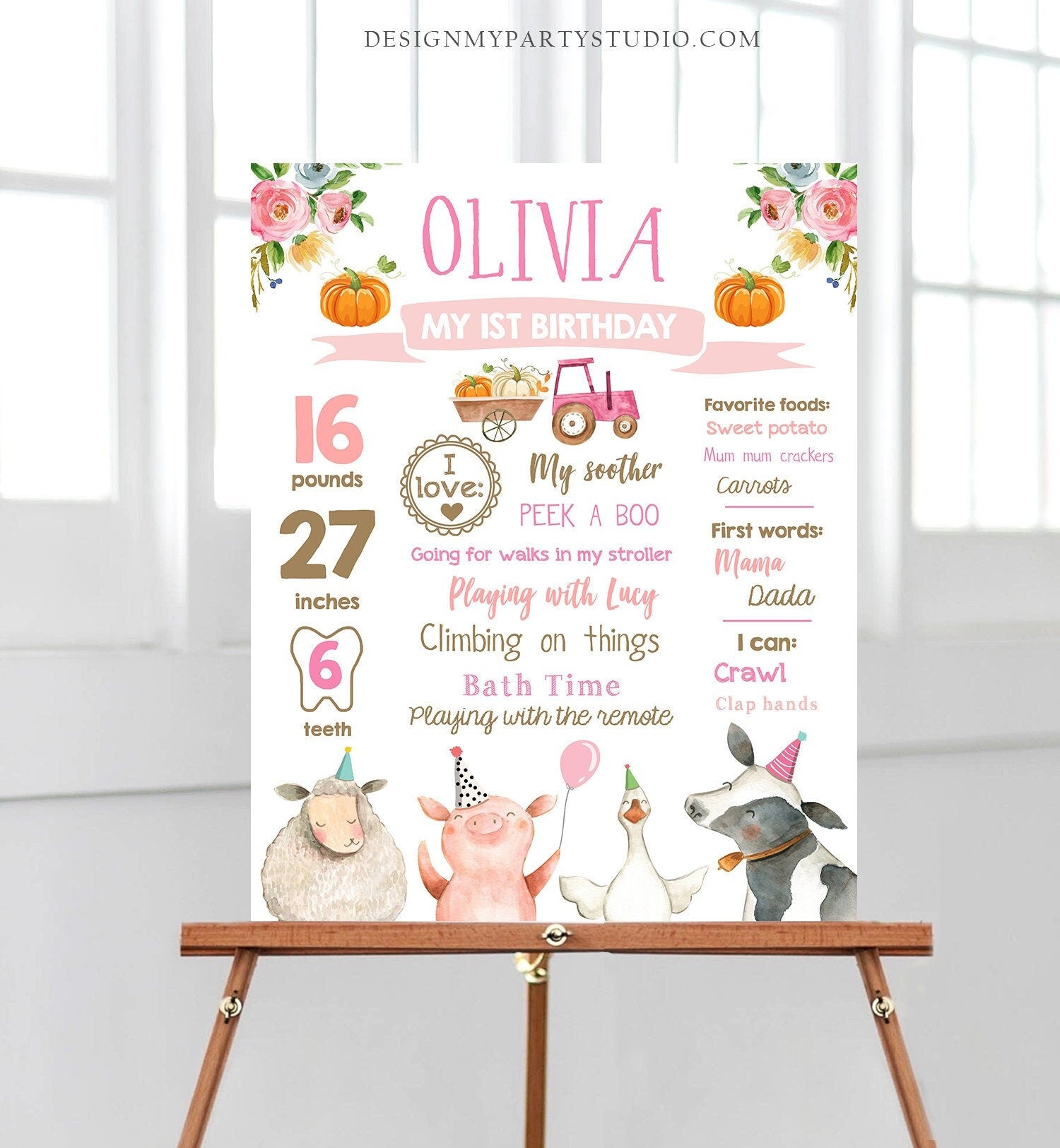 Editable Pumpkin Farm Animals Birthday Milestones Sign Girl Pink Fall Farm Birthday Barnyard Bash Autumn Download Template Printable 0155