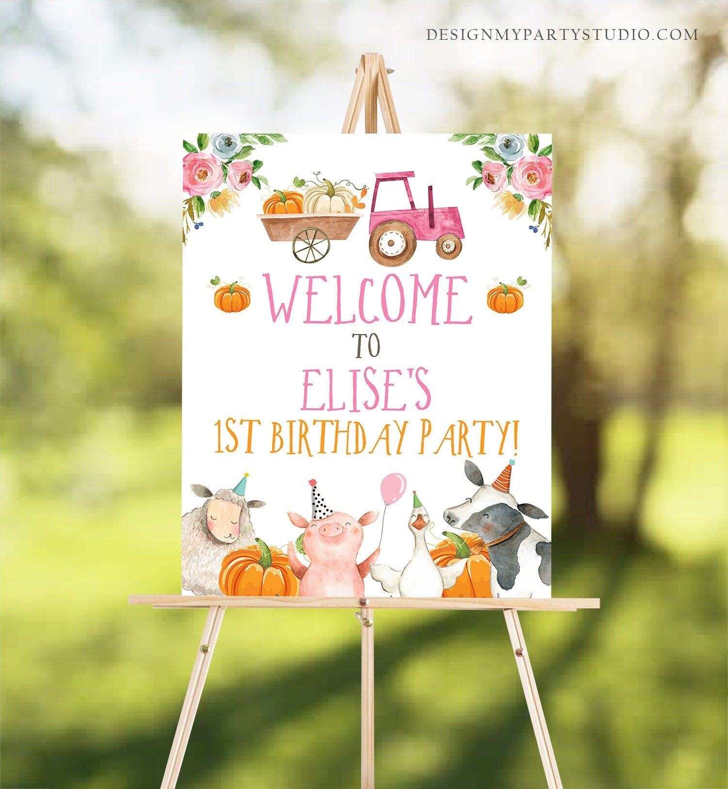 Editable Pumpkin Farm Birthday Welcome Sign Barnyard Birthday Welcome Sign Farm Animals Birthday Fall Girl Digital Template Printable 0155