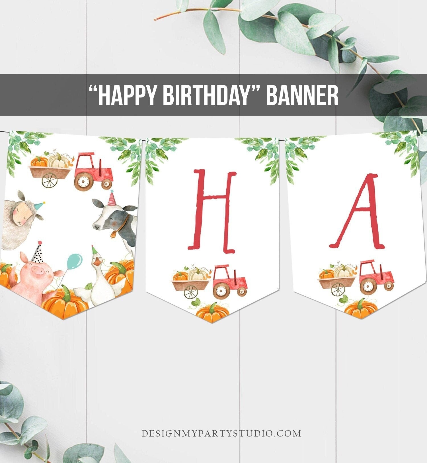 Happy Birthday Farm Animals Banner Pumpkin Party Animals Birthday Banner Boy Barnyard Decor Instant Digital Download Printable 0155