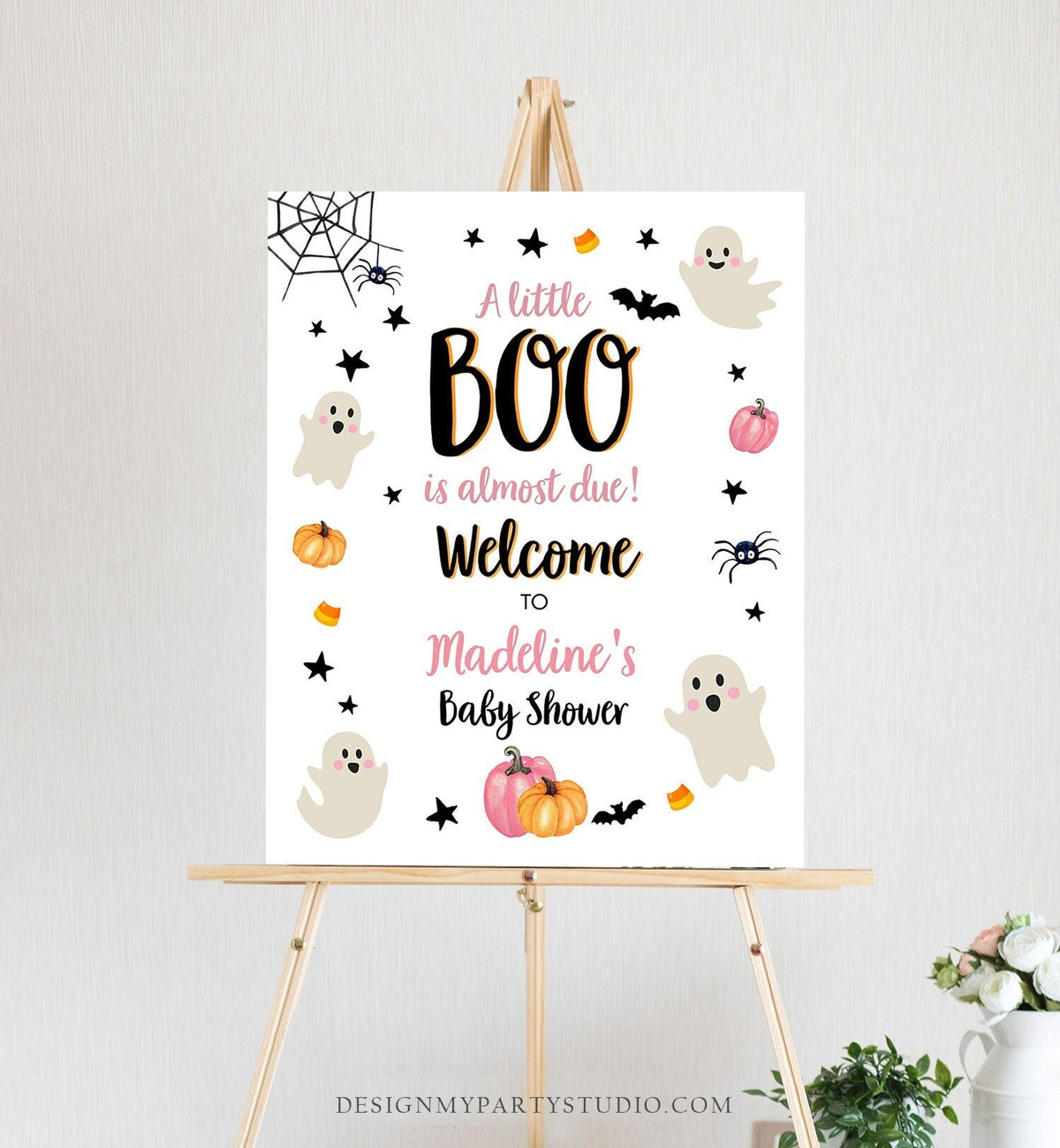 Editable Halloween Baby Shower Welcome Sign Peek A Boo Shower Decor Welcome Pink Girl Little Boo Sign Ghost Digital Template Printable 0418