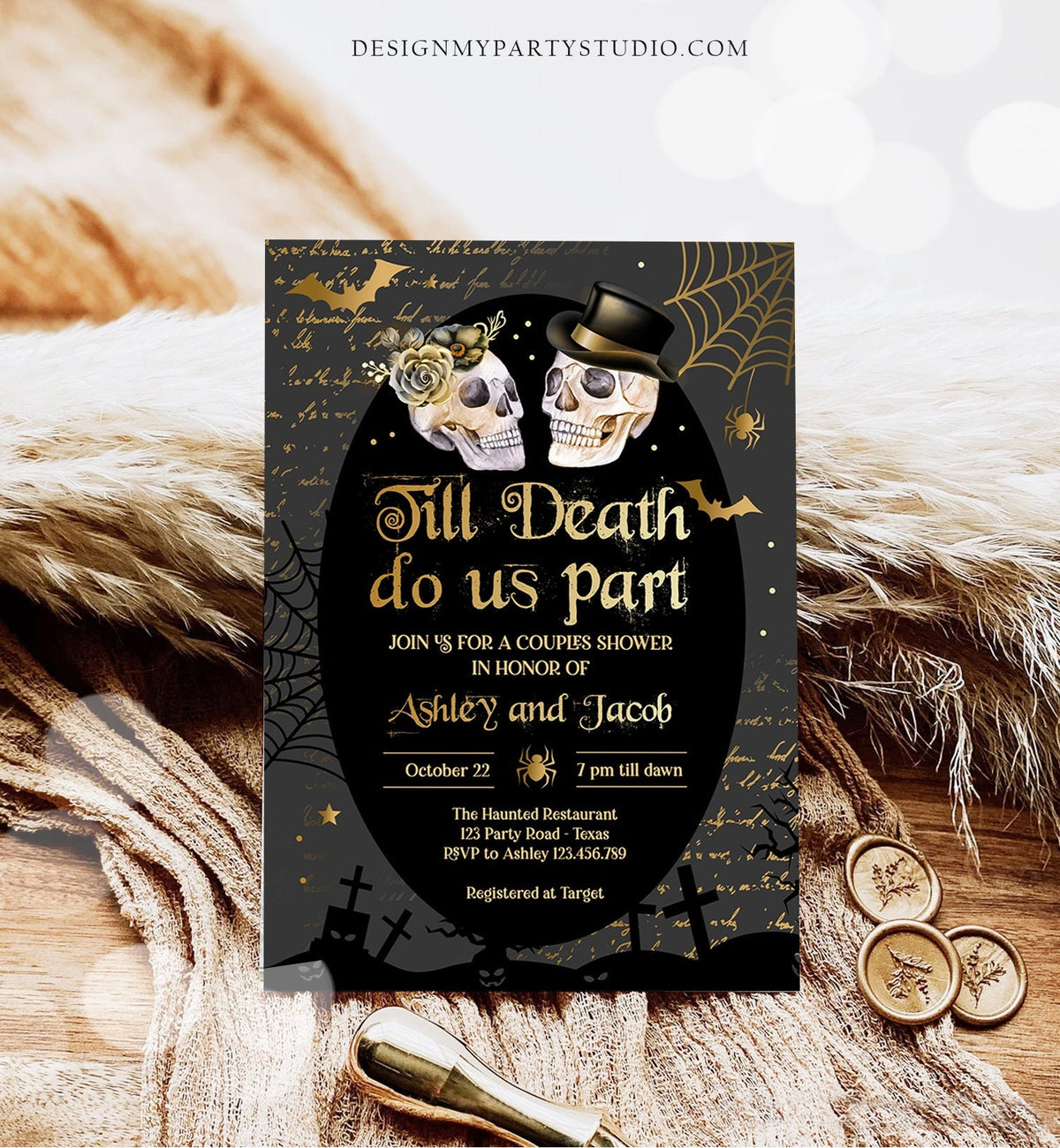 Editable Halloween Couples Shower Invitation Till Death Do Us Part Gothic Bridal Shower Fall Skull Engagement Download Printable 0472 0009