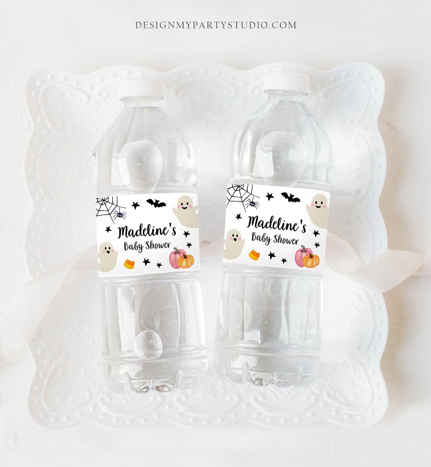 Editable Halloween Water Bottle Labels Pink Ghost Birthday Party Girl Halloween Party Boo Spooky Digital Download Template Printable 0418