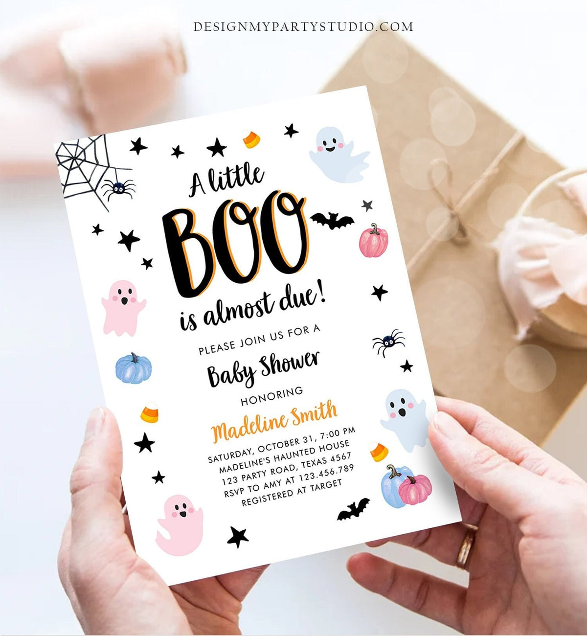 Editable Boo Baby Shower Invitation Cute Halloween Baby Shower Costume Party Pastel Ghost Gender Neutral Digital Template Printable 0418