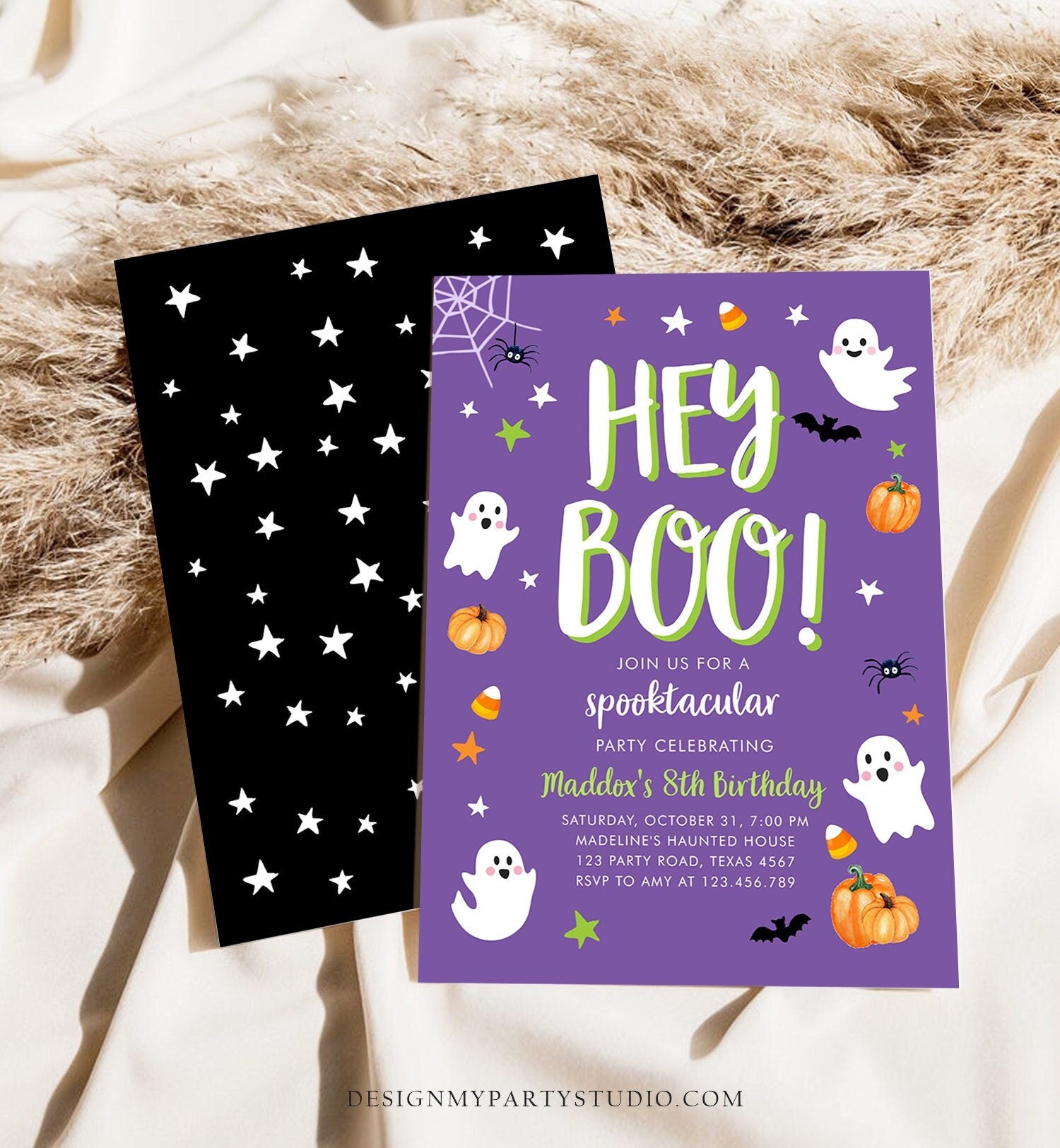 Editable Halloween Birthday Invitation Boy Ghost Costume Party Boy Purple Kids Spooktacular Spooky Digital Download Template Printable 0418