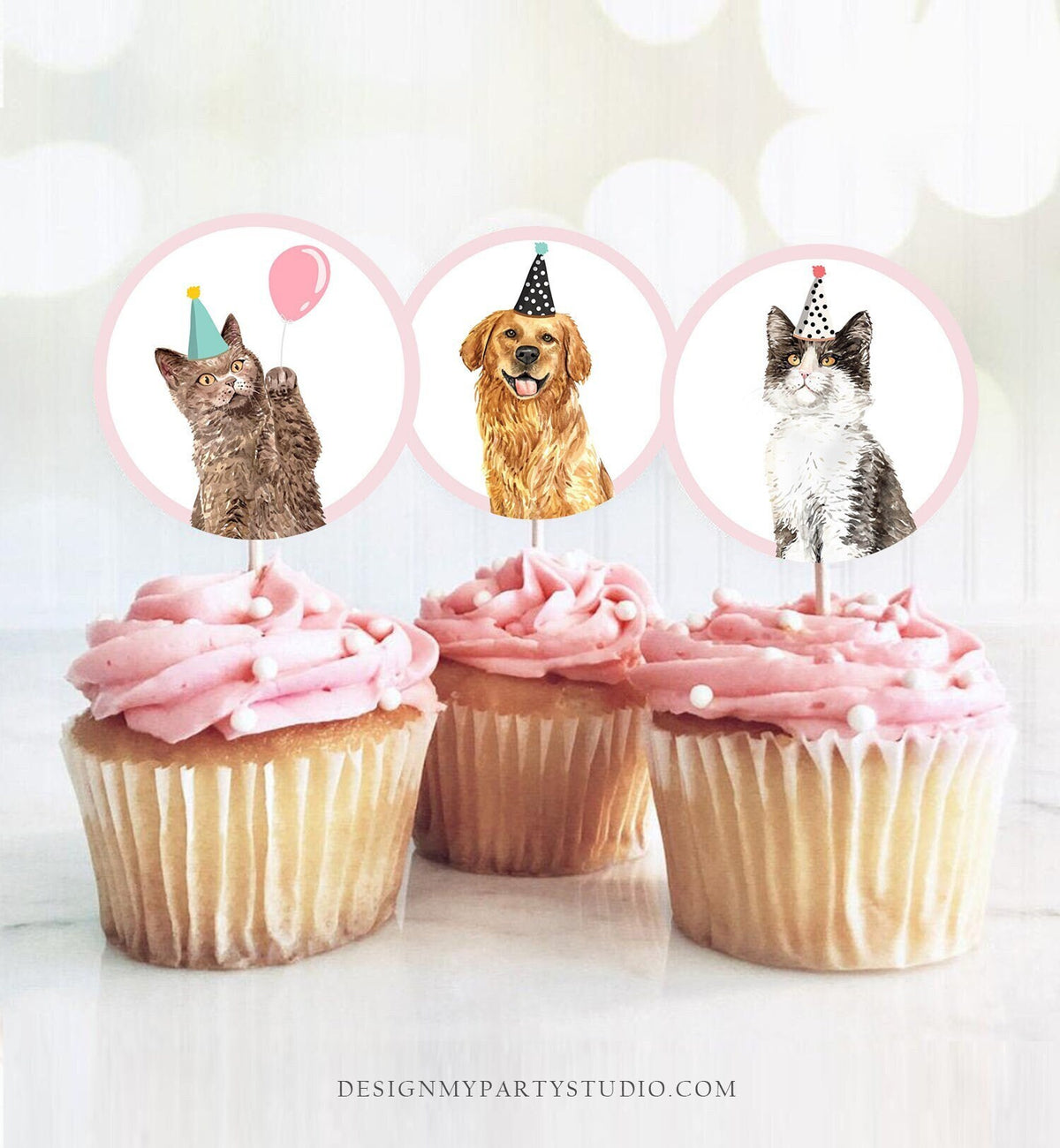 Cats and Dogs Cupcake Toppers Puppy Favor Tags Puppy Birthday Kitten Pink Girl Pet Party Pup Puppies Decor Digital Download Printable 0384