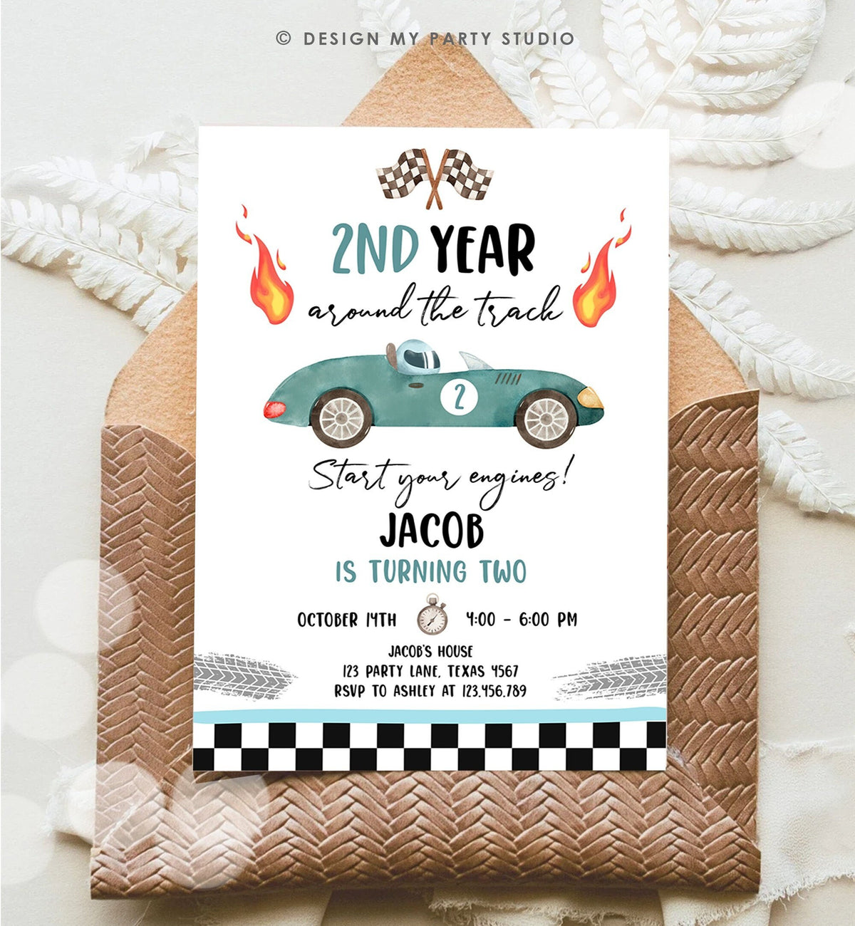 Editable 2nd Year Around the Track Birthday Invitation Boy Blue Green Two Fast Party Race Car Second Racing Digital Template Printable 0424