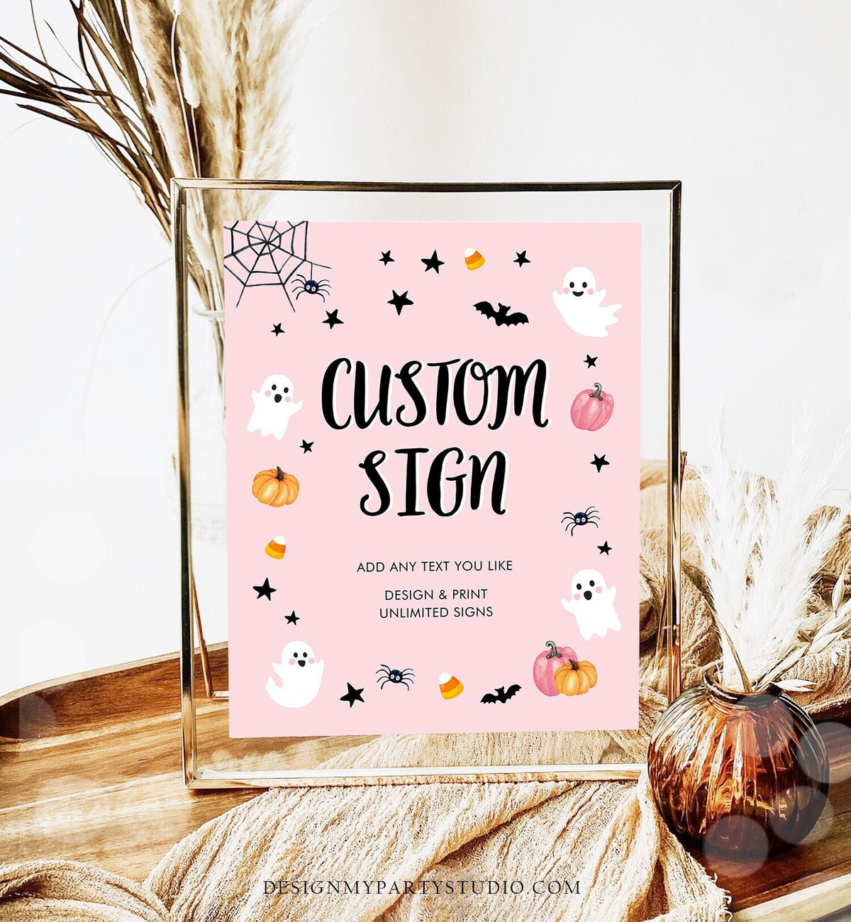 Editable Custom Pink Halloween Sign Baby Shower Pink Ghost Spooky Spooktacular Birthday Girl Table Sign 8x10 Digital Template Printable 0418