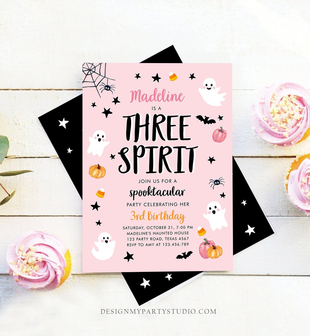 Editable Halloween Birthday Invitation Pink Ghost Three Spirit 3rd Birthday Party Spooktacular Spooky Digital Template Printable 0418