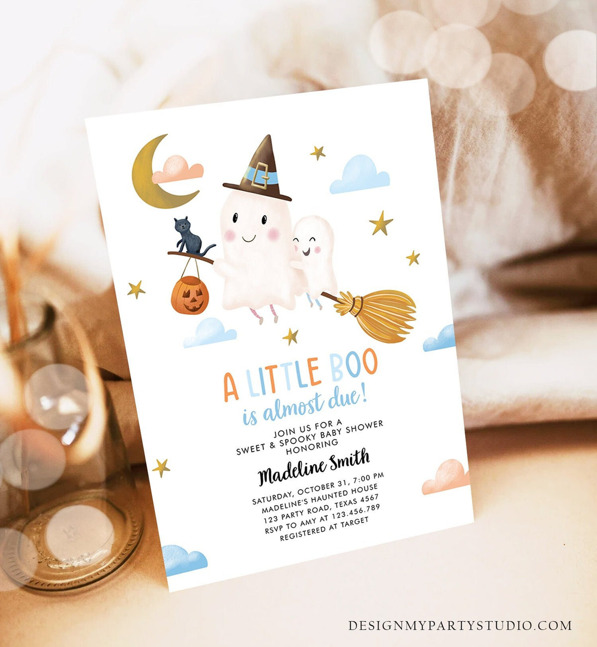 Editable Little Boo Baby Shower Invitation Cute Halloween Baby Boo Almost Due Couples Shower Blue Ghost Boy Digital Template Printable 0479