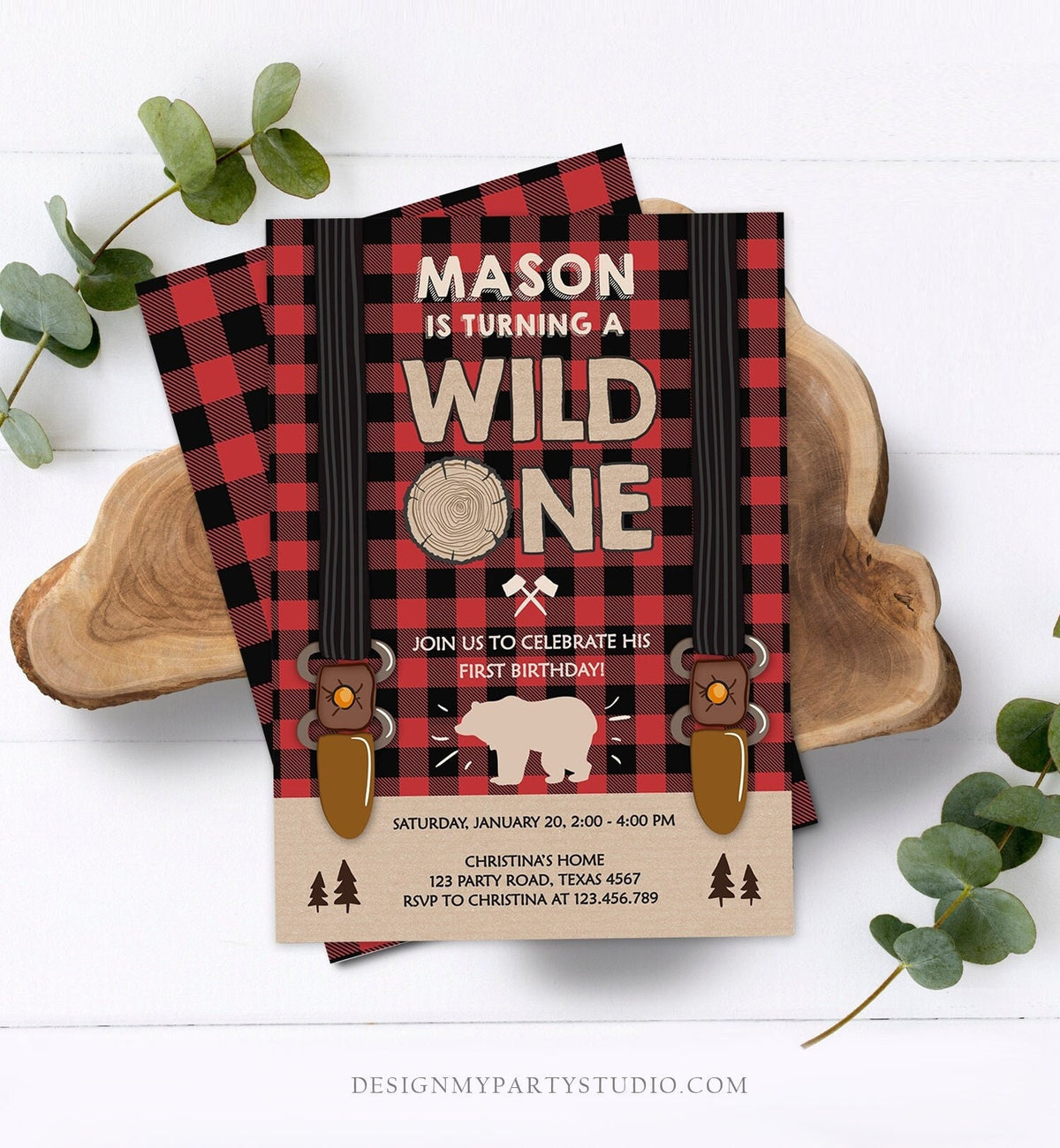 Editable Lumberjack Wild One Birthday Invitation First Birthday Forest Trees Red Plaid Outdoor Bear Boy 1st Digital Template Printable 0026