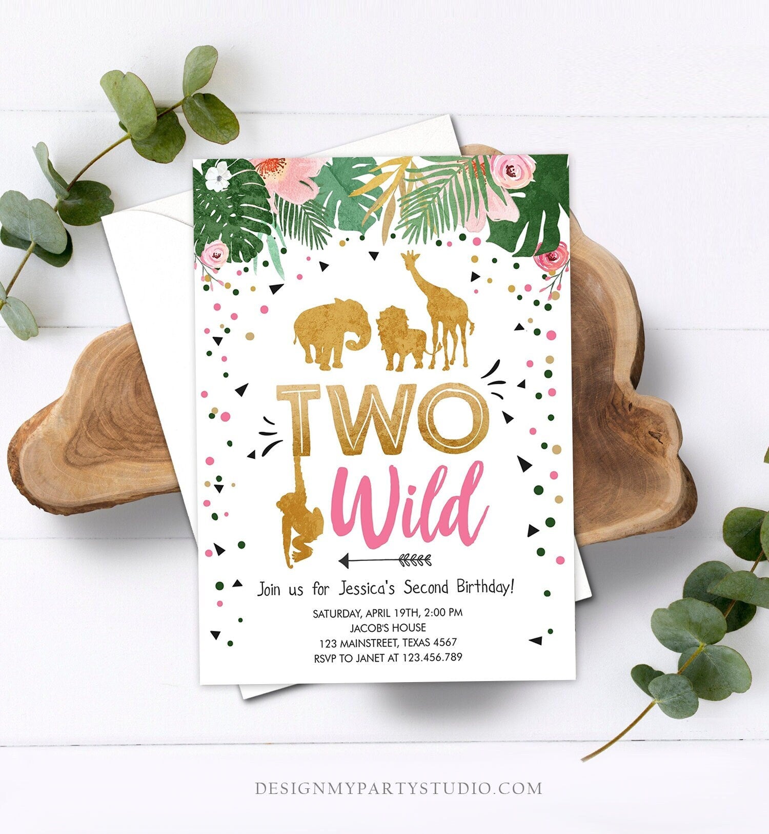 Editable Two Wild Birthday Invitation Safari Animals Jungle Zoo Wild One Party Girl Pink Gold Digital Download Template Printable 0016