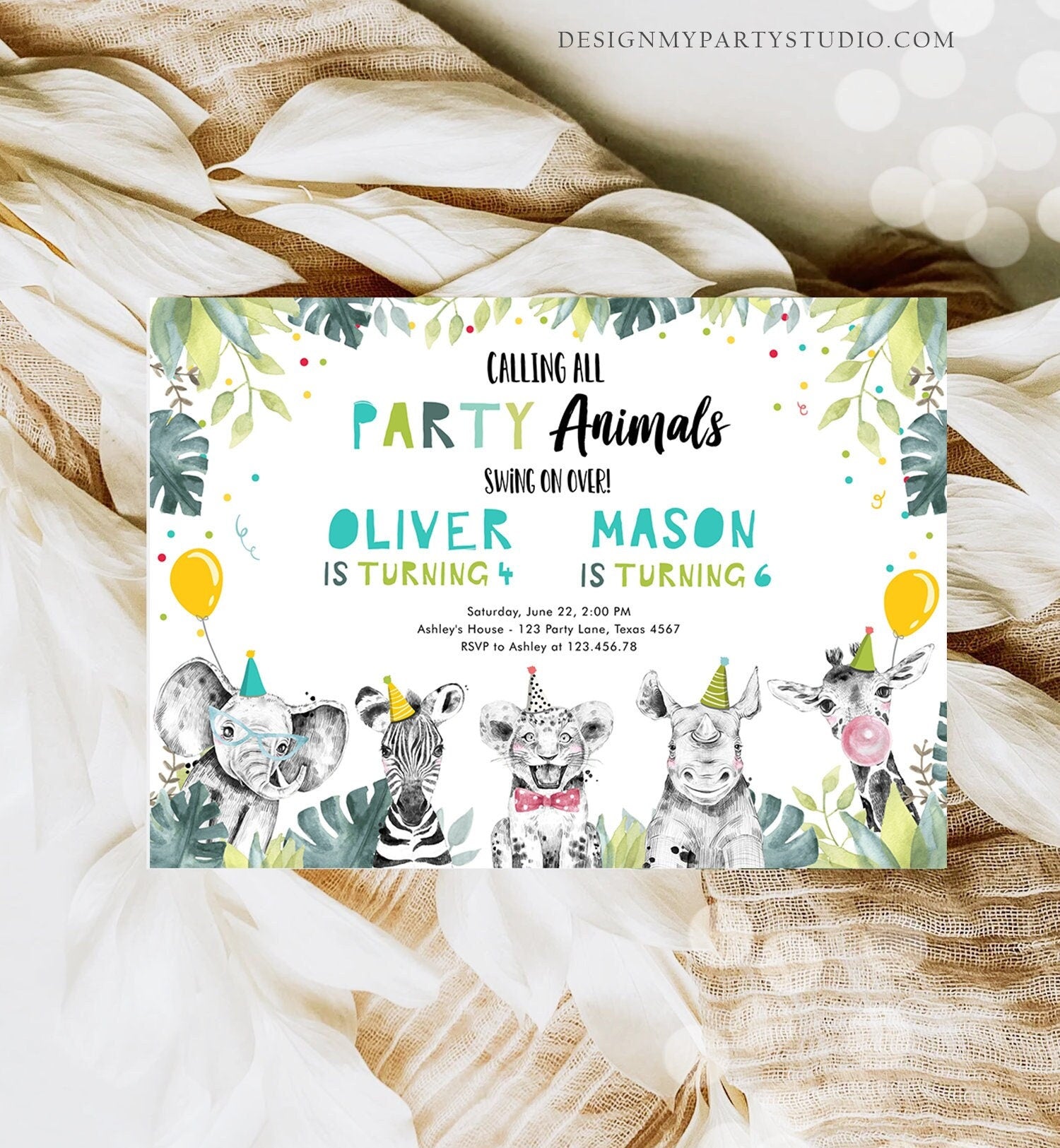 Editable Party Animals Birthday Invitation Wild One Safari Animals ANY AGE Boys Siblings Combined Joint Digital Template Printable 0322