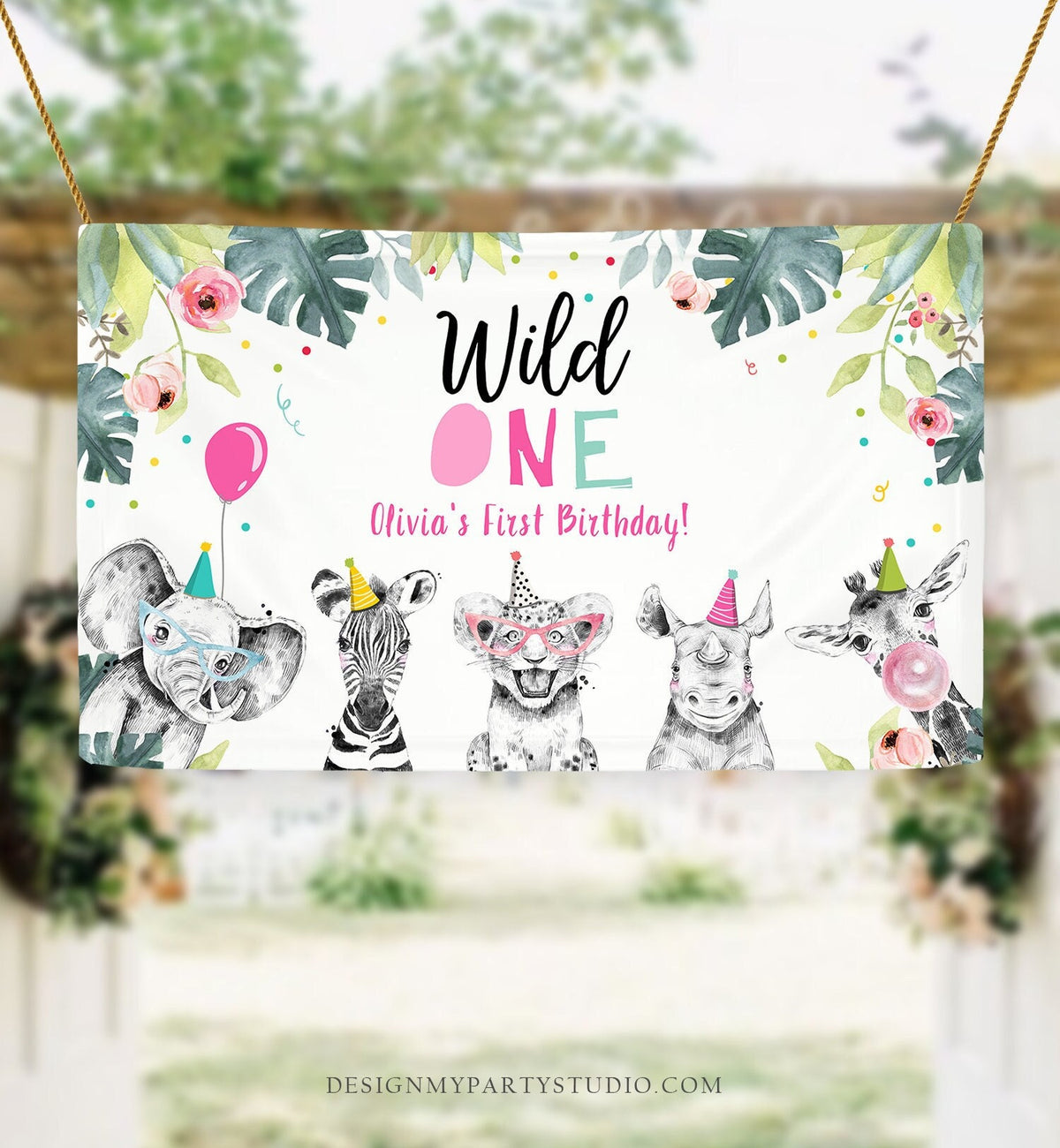 Editable Party Animals Birthday Backdrop Banner Safari Animals Wild One First Birthday Welcome Sign Digital Download Template Printable 0322