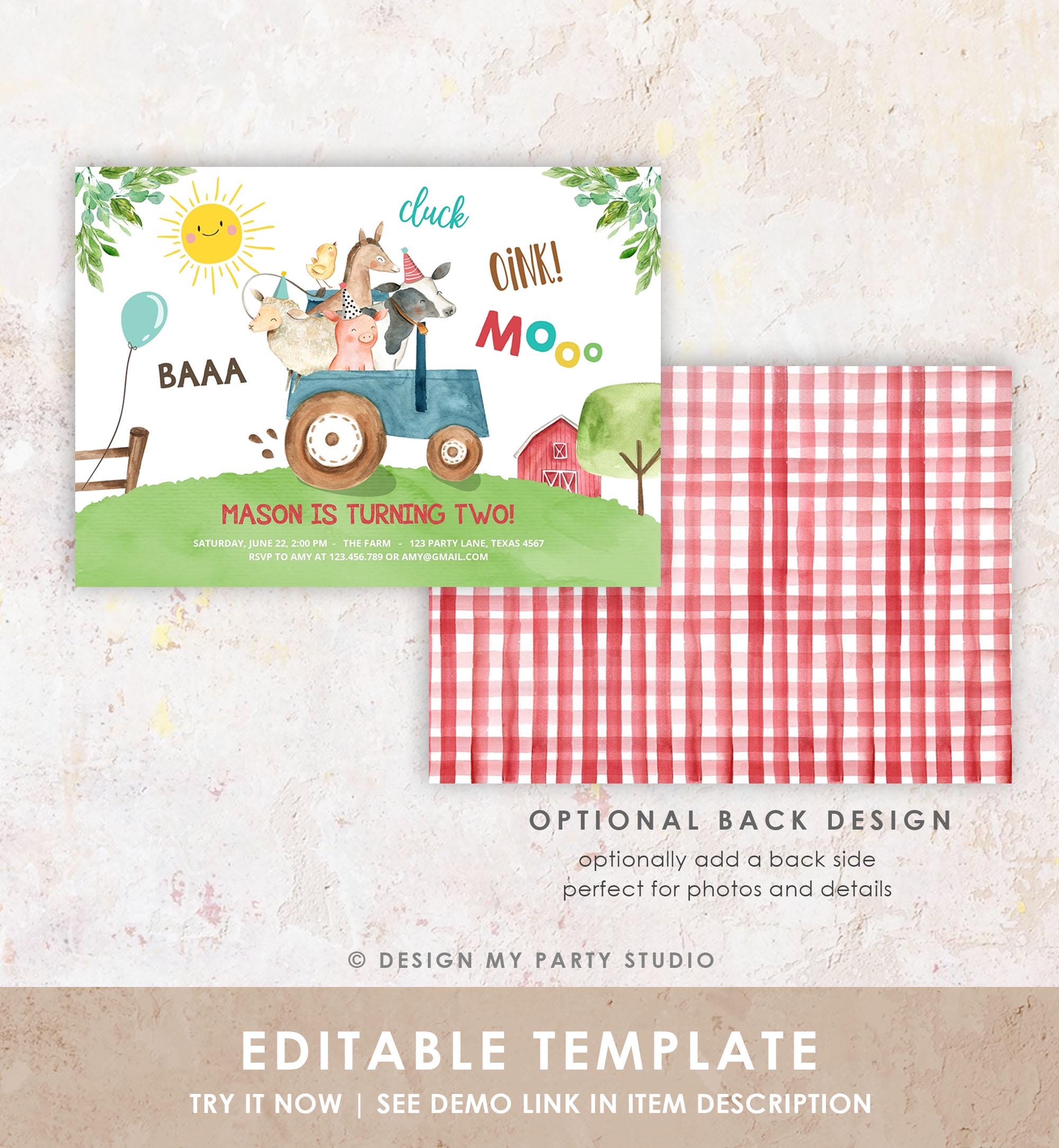 Editable Farm Birthday Invitation Boy Farm Animals Red Party Animals Barnyard Party Tractor Download Evite Template Digital Printable 0155