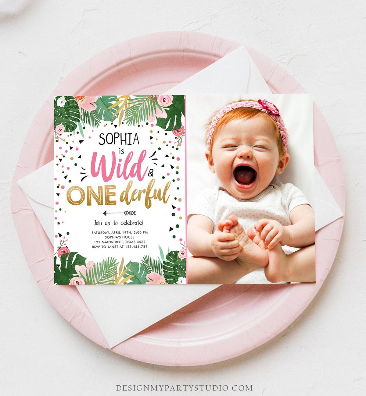 Editable Wild and Onederful Birthday Invitation Girl Wild One Safari Tropical Pink Gold First Birthday Digital Template Printable 0332