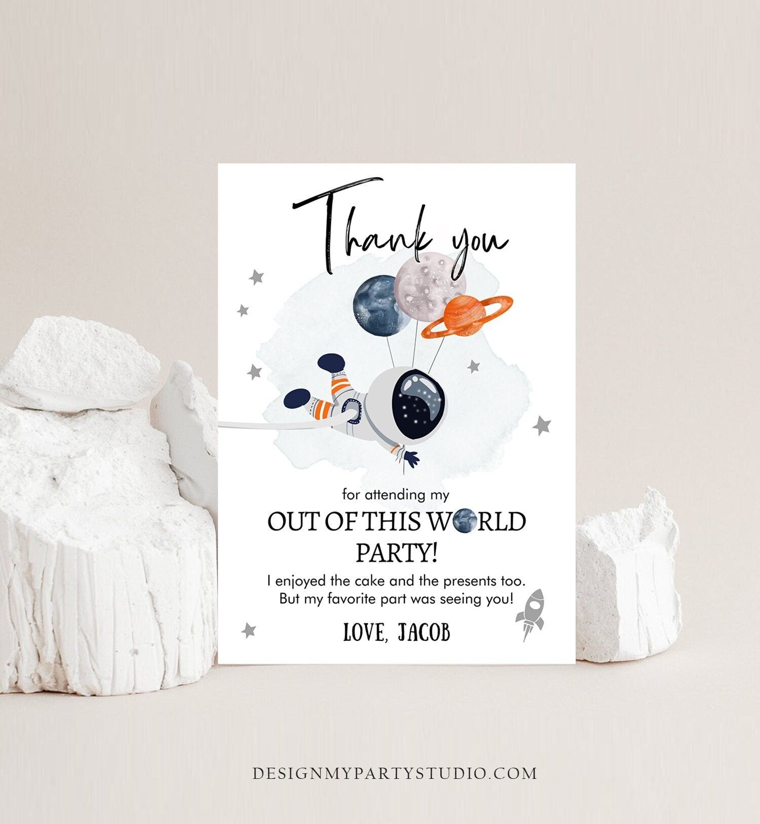 Editable Space Birthday Thank You Card Space Astronaut Thank You Note Planets Boy Orange Digital Download Template Printable 0366