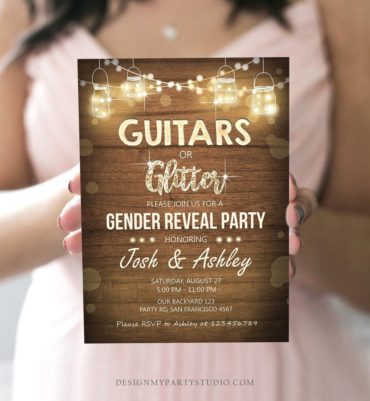 Editable Guitars or Glitter Gender Reveal Invitation Baby Shower Boy or Girl He or She Rustic Wood Digital Download Template Printable 0015