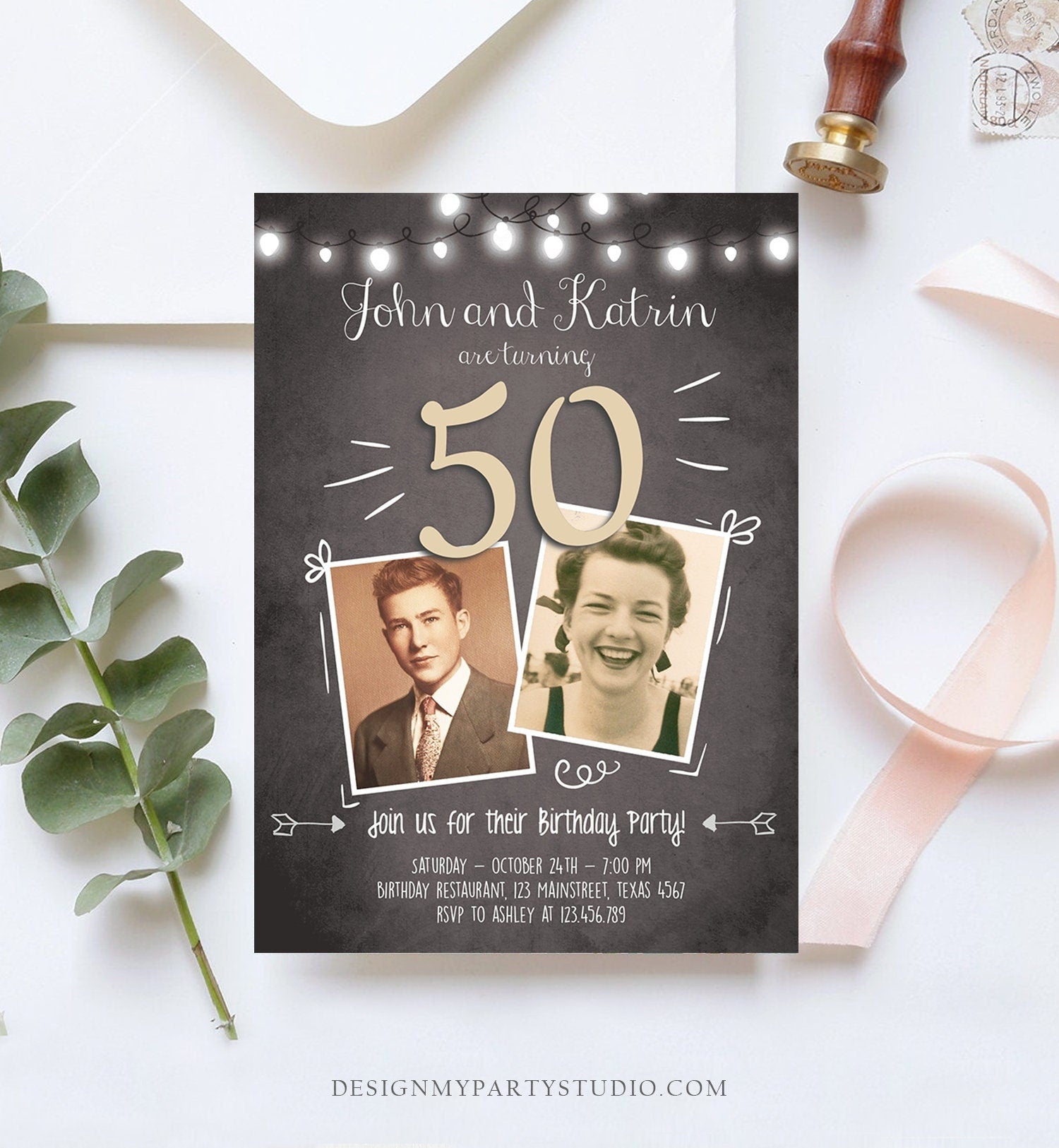 Editable 50th Joint Coed Birthday Invitation ANY AGE Rustic Adult Fifty Photo Vintage Jubilee Anniversary Digital Template Printable 0230