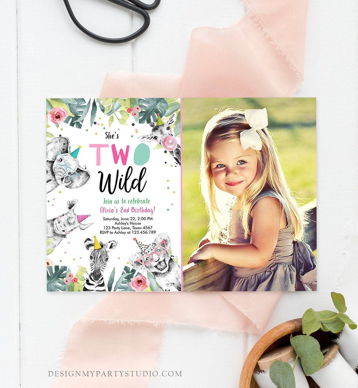 Editable Two Wild Birthday Invitation Girl Second 2nd Safari Animals Pink Party Animals Zoo Digital Download Evite Template Printable 0322