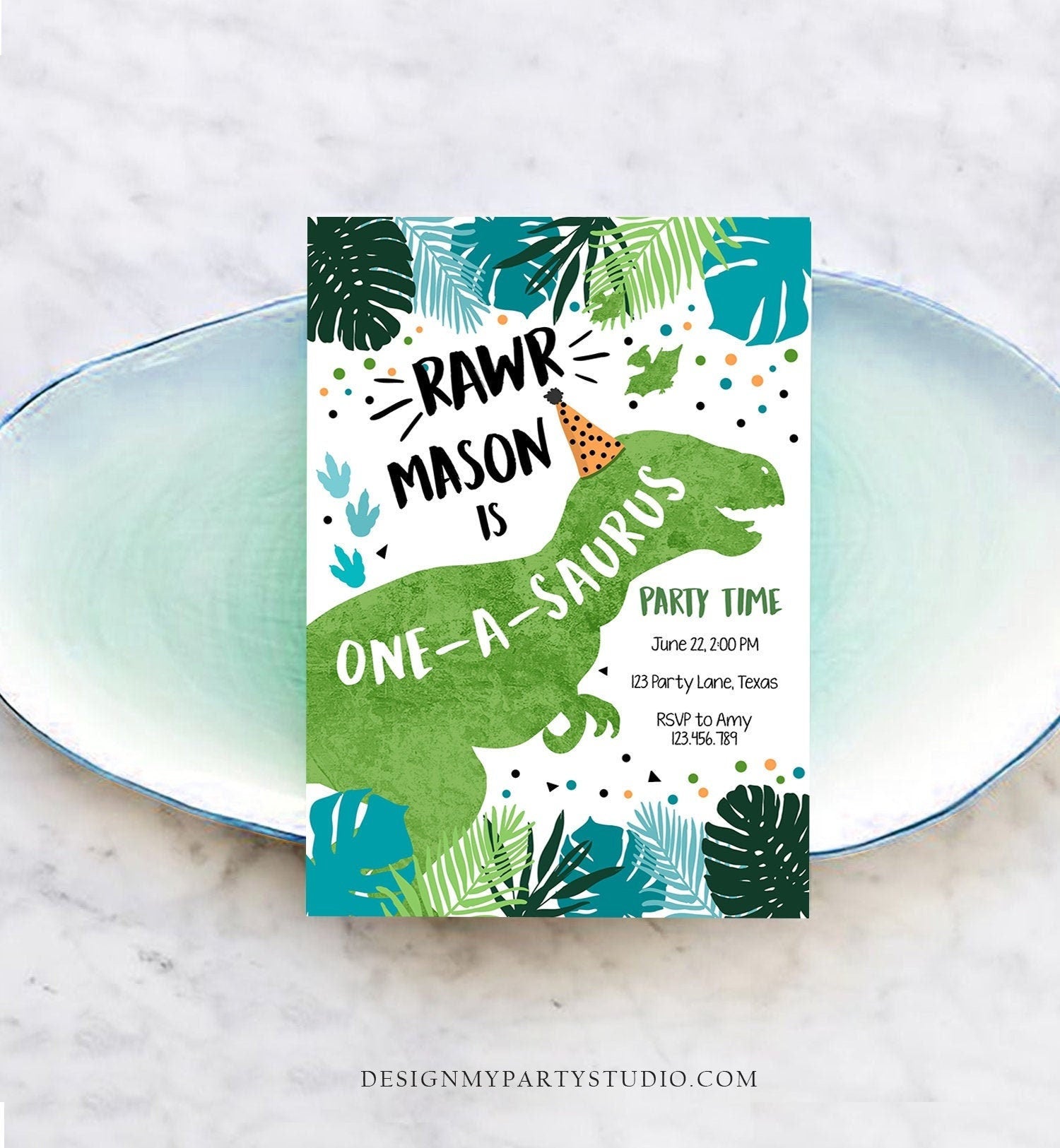 Editable One-A-Saurus Dinosaur Birthday Invitation Dino T-Rex Boy First 1st RAWR ROAR Green Prehistoric Digital Template Printable 0389