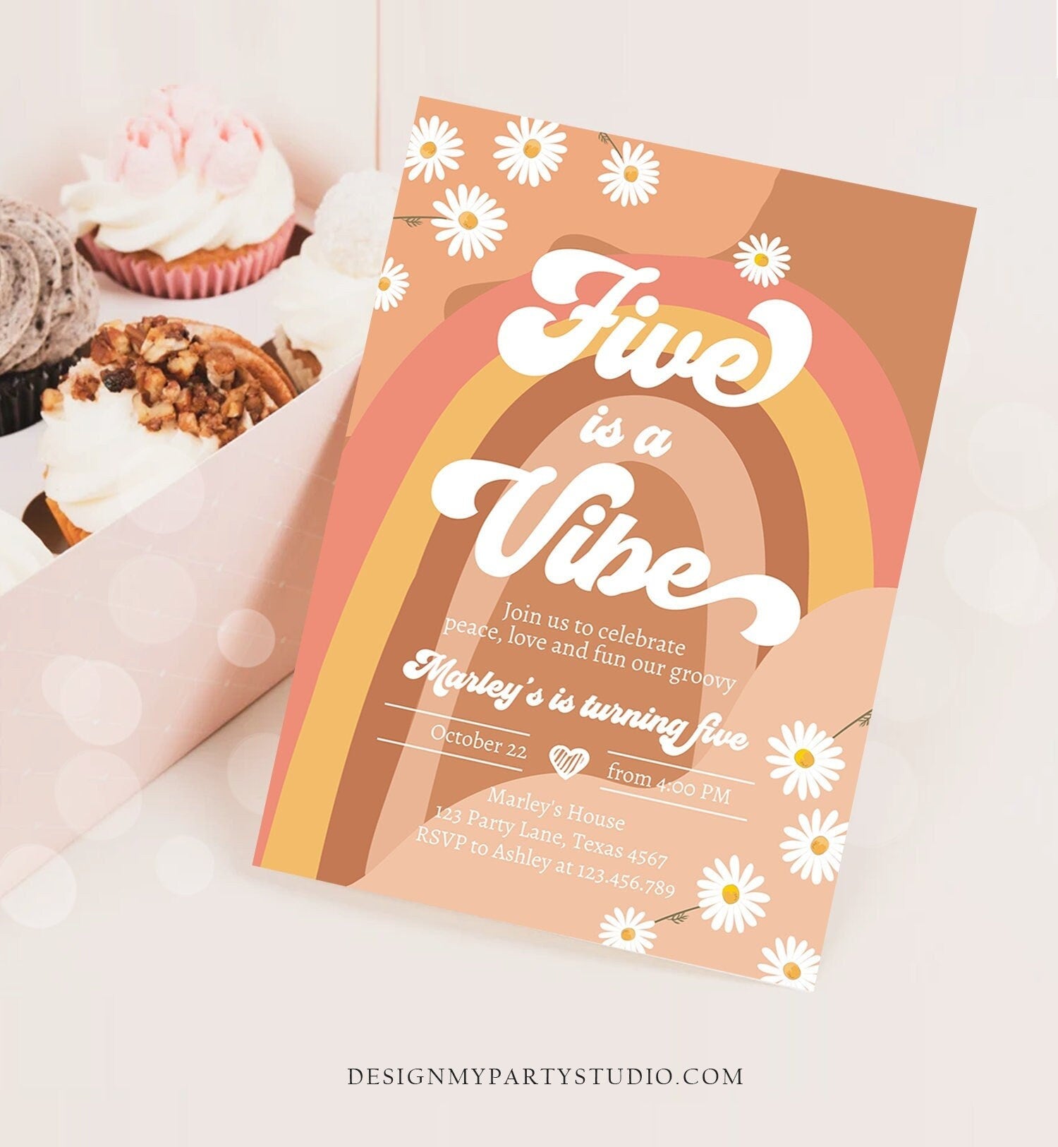 Editable Five Is A Vibe Birthday Invitation 5th Birthday Retro Floral 70s Rainbow Peace Love Party Girl Digital Template Printable 0428