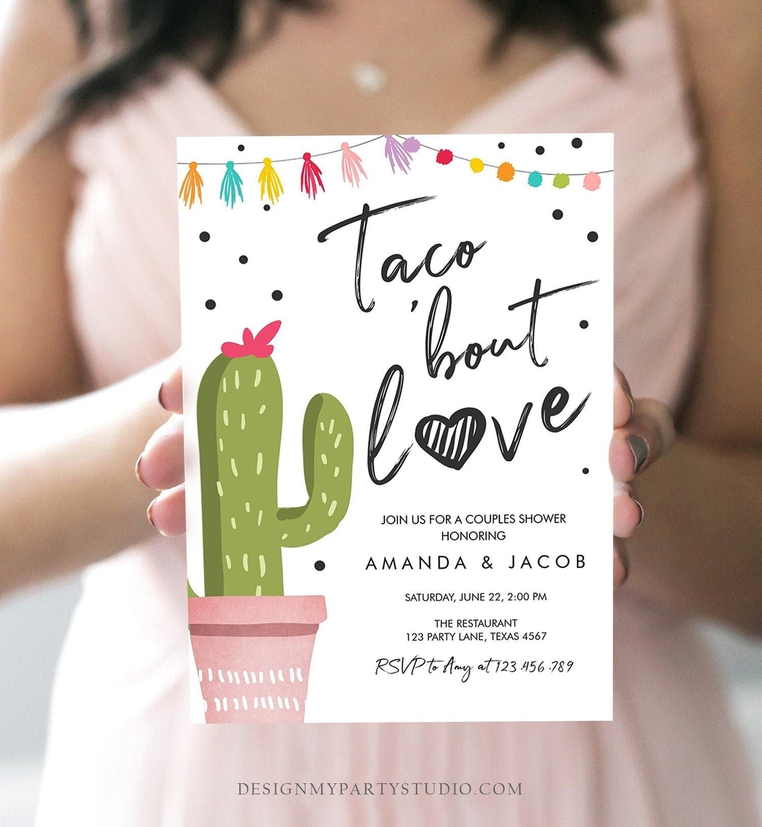 Editable Taco Bout Love Fiesta Couples Shower Invitation Cactus Succulent Green Pink Confetti Digital Download Evite Template Printable 0254