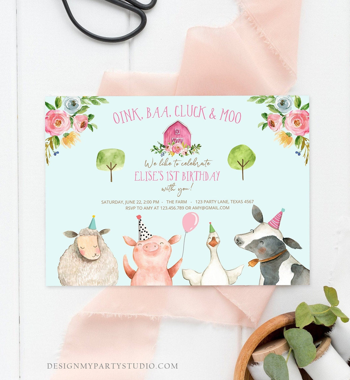 Editable Farm Animals Birthday Invitation Girl Party Animals Pink Floral Barnyard Party Digital Download Evite Template Printable 0155