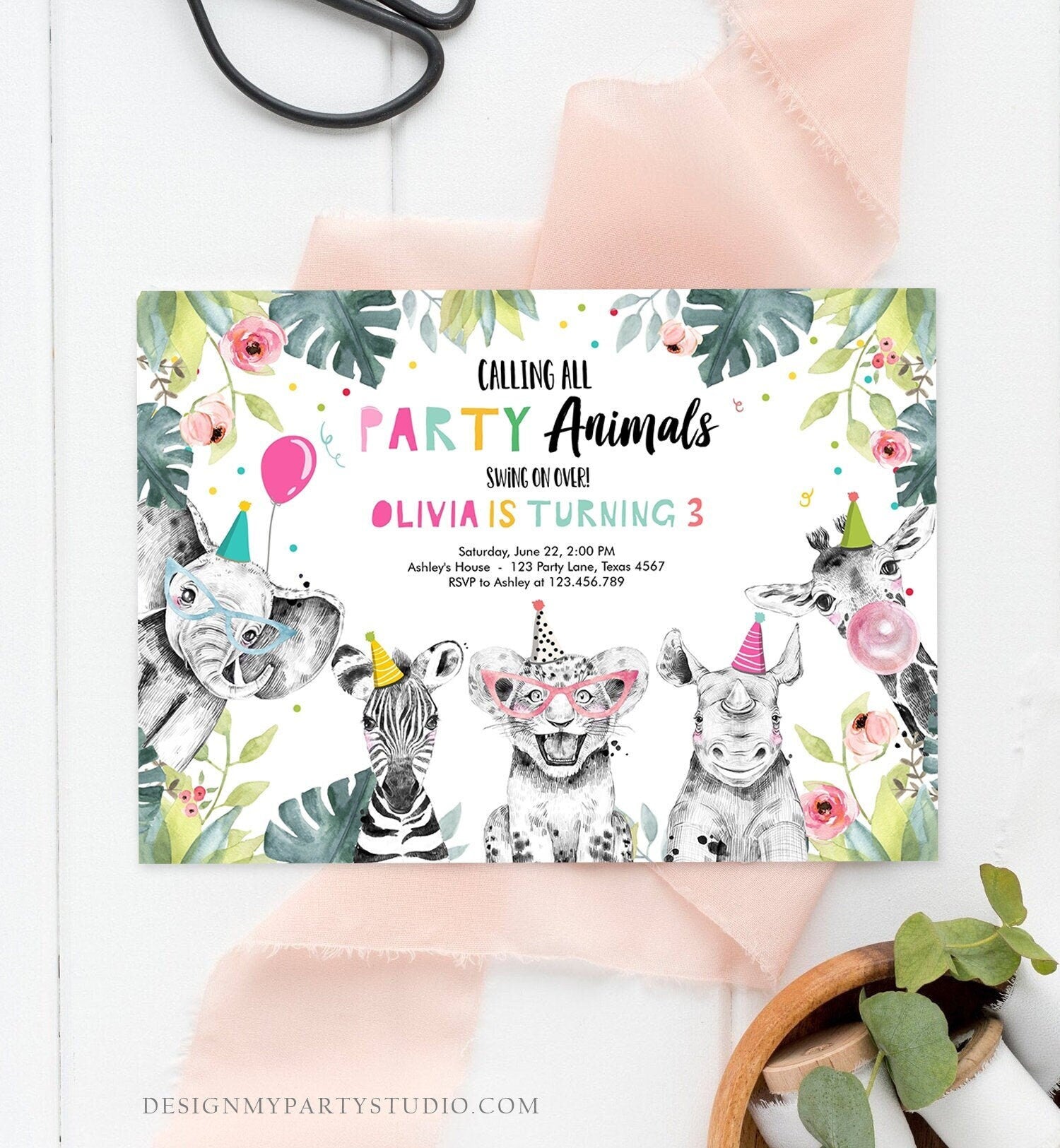 Editable Party Animals Birthday Invitation Wild One Animals Invitation Zoo Safari Animals Girl Download Printable Invite Template Corjl 0322