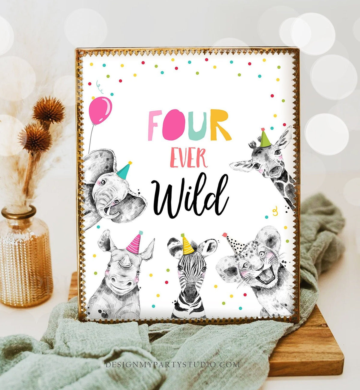 Four Ever Wild Birthday Sign Party Fourth Birthday 4th Safari Animals Party Animals Zoo Girl Pink Decor Instant Download Printable 0390