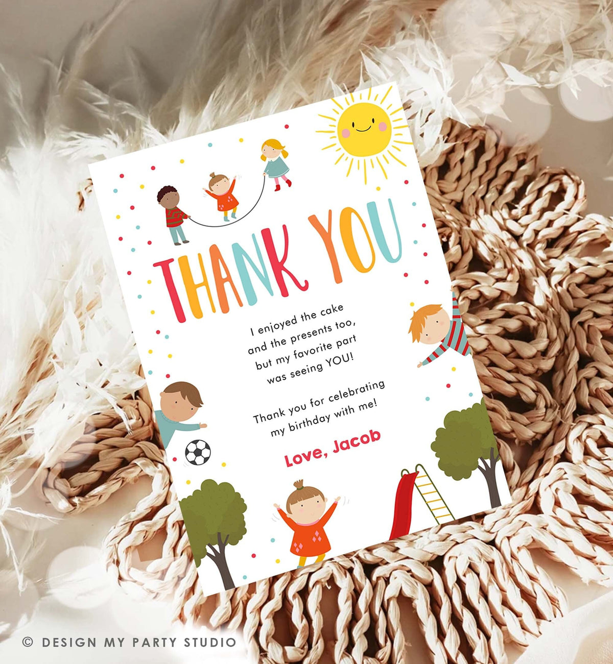 Editable Playground Thank You Card Birthday Boy In the Park Party Climb Slide and Play Download Printable Corjl Template Digital 0327