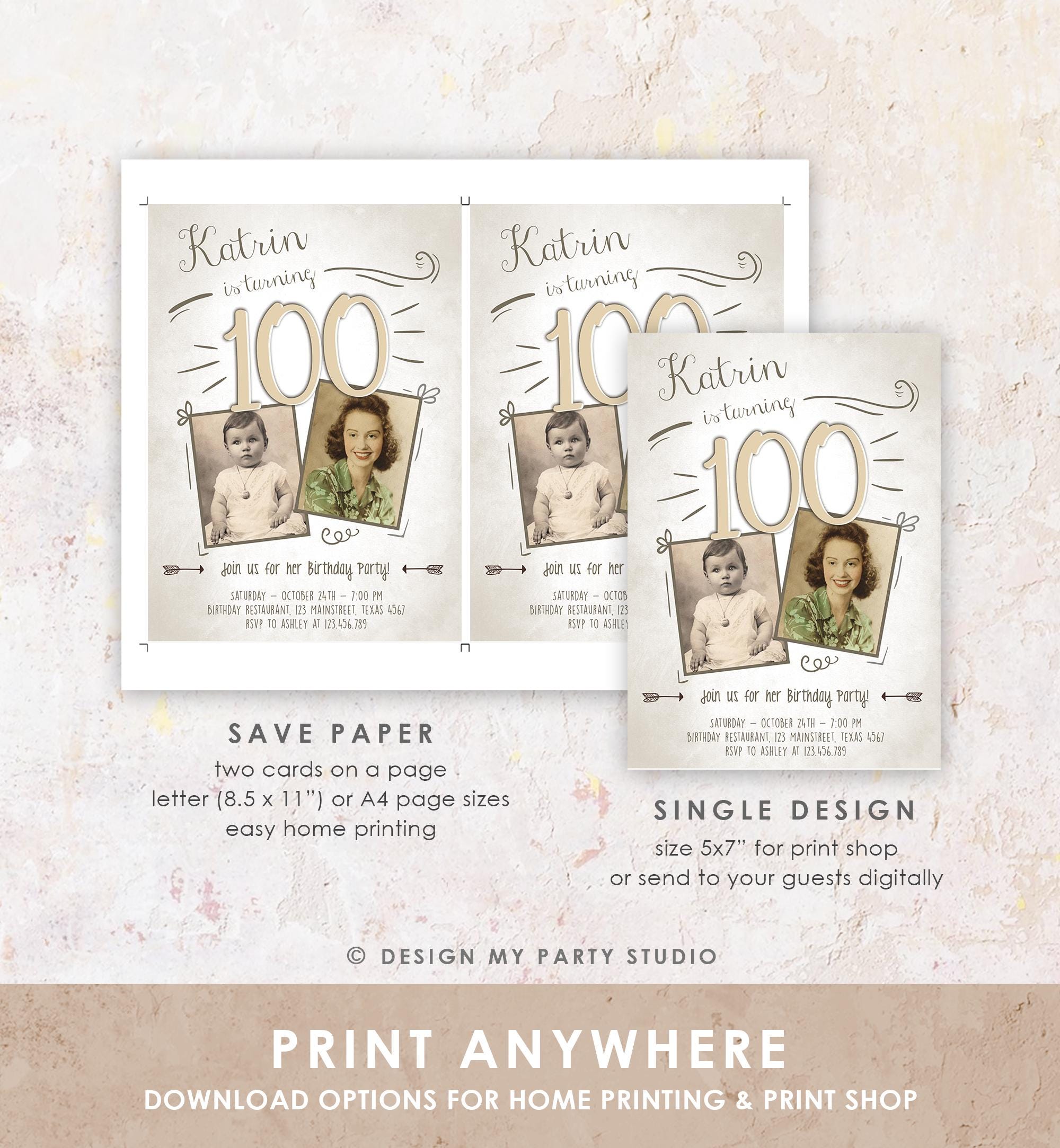 Editable 100th Birthday Invitation ANY AGE Boho Rustic Hundred Centennial Centenary Jubilee Anniversary Digital Template Printable 0230