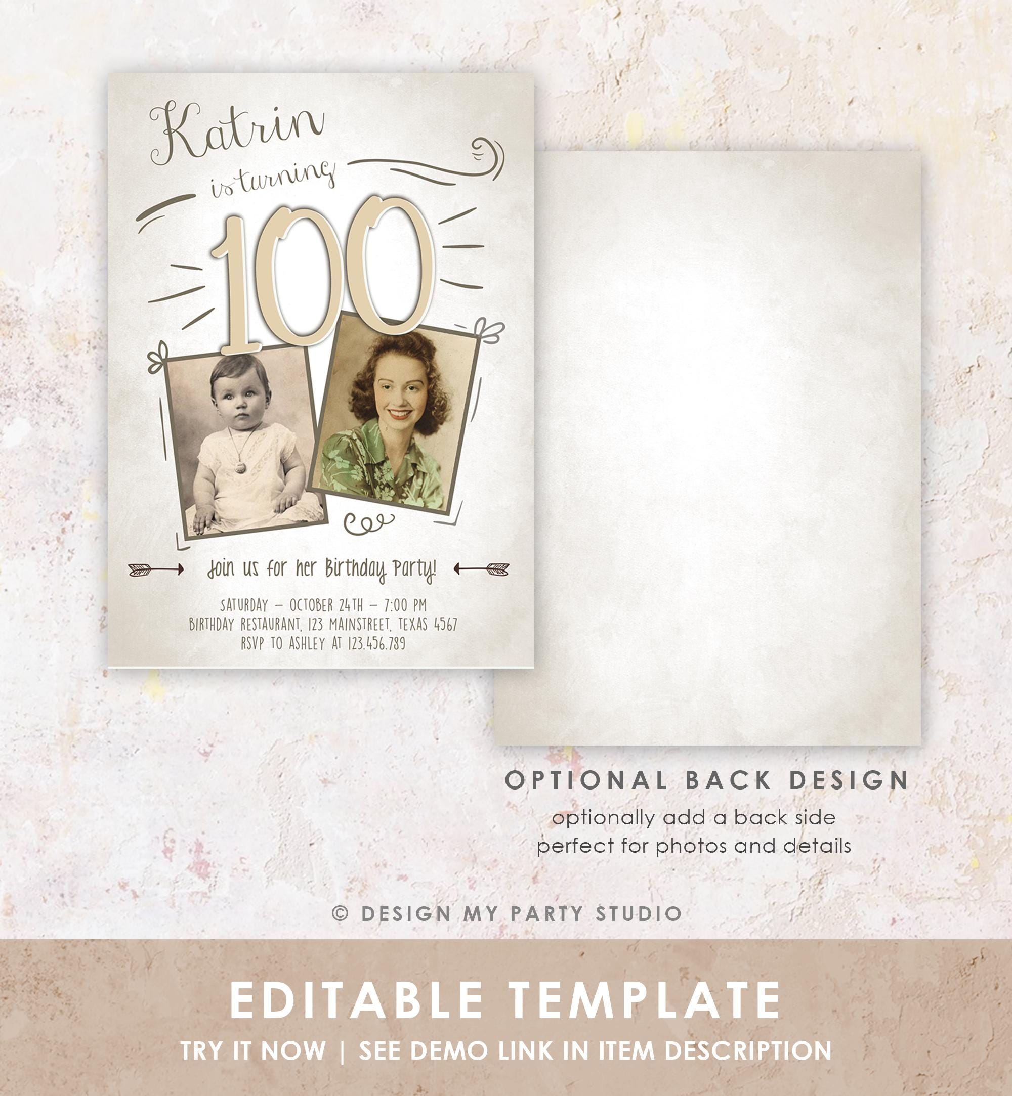 Editable 100th Birthday Invitation ANY AGE Boho Rustic Hundred Centennial Centenary Jubilee Anniversary Digital Template Printable 0230