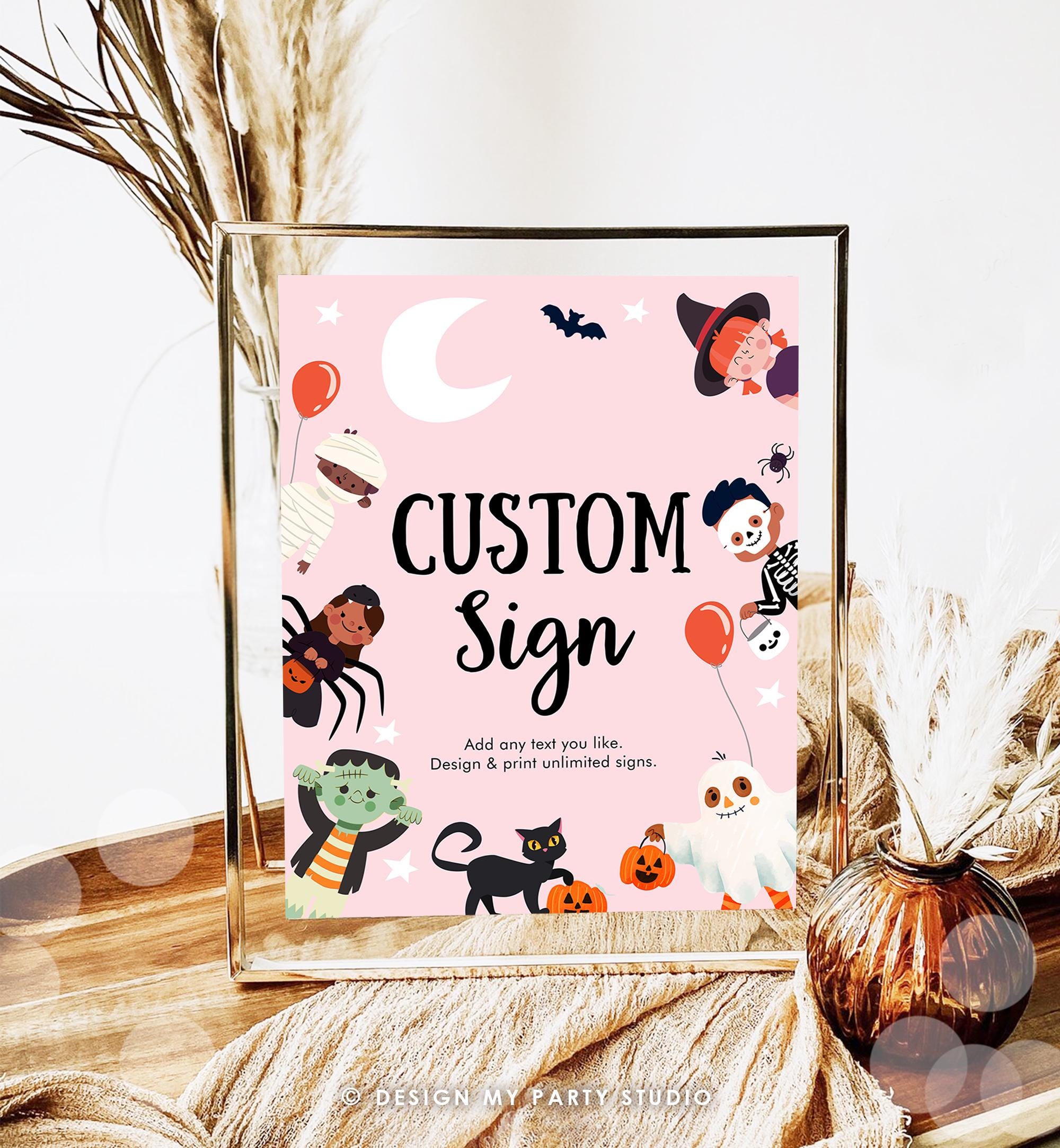 Editable Custom Halloween Sign Birthday Ghost Costume Kids Spooky Spooktacular Monster With Mummy Table Pink Digital Template Printable 0473