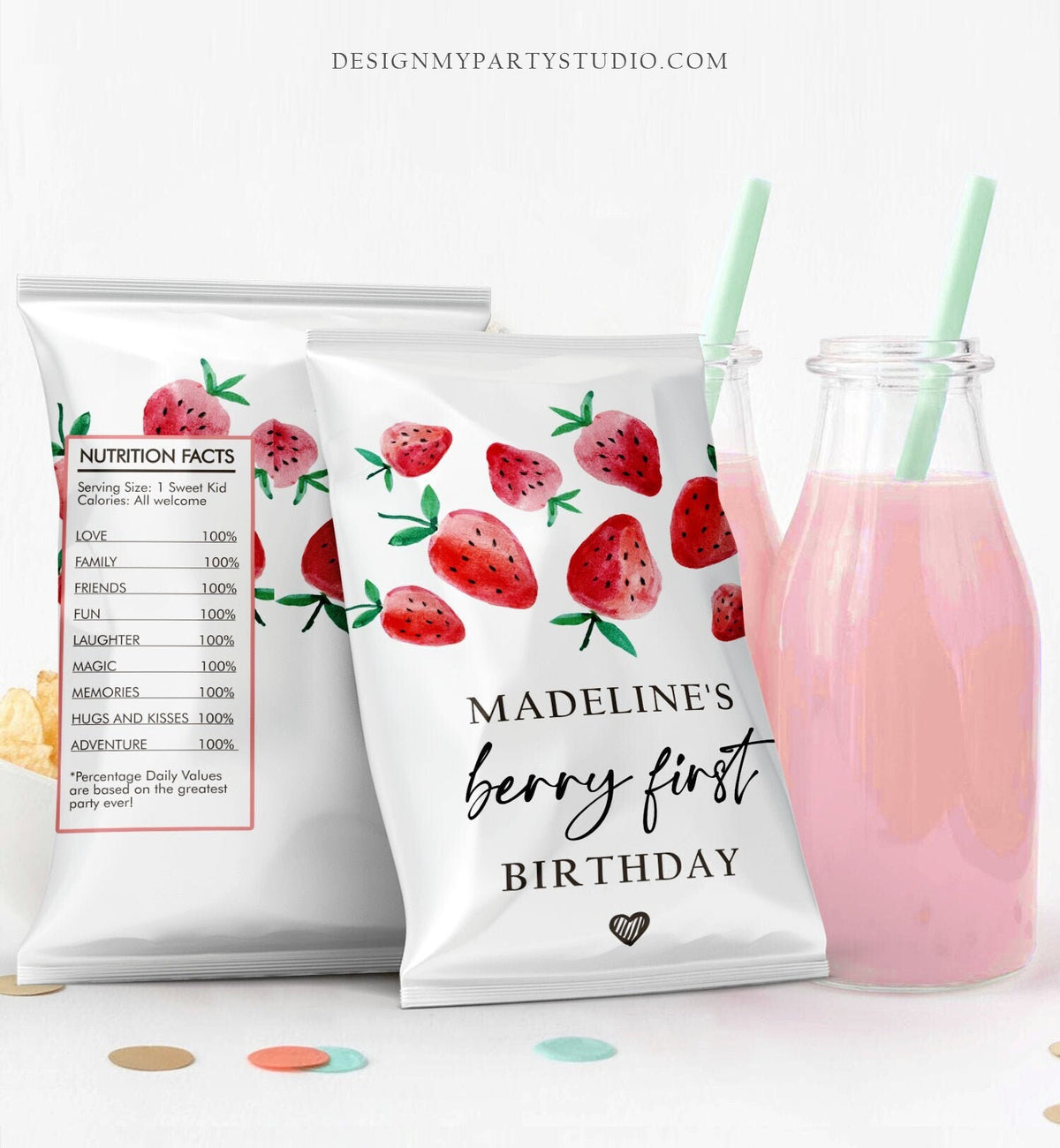 Editable Strawberry Chip Bag Berry First Birthday Party Decor Strawberry Party Berry Sweet Snack Favors Download Digital Corjl Template 0399