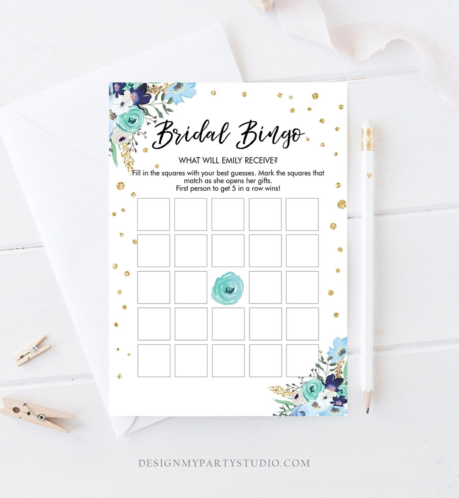 Editable Bingo Bridal Shower Game Wedding Shower Activity Floral Blue Gold Confetti Travel Flowers Download Corjl Template Printable 0030