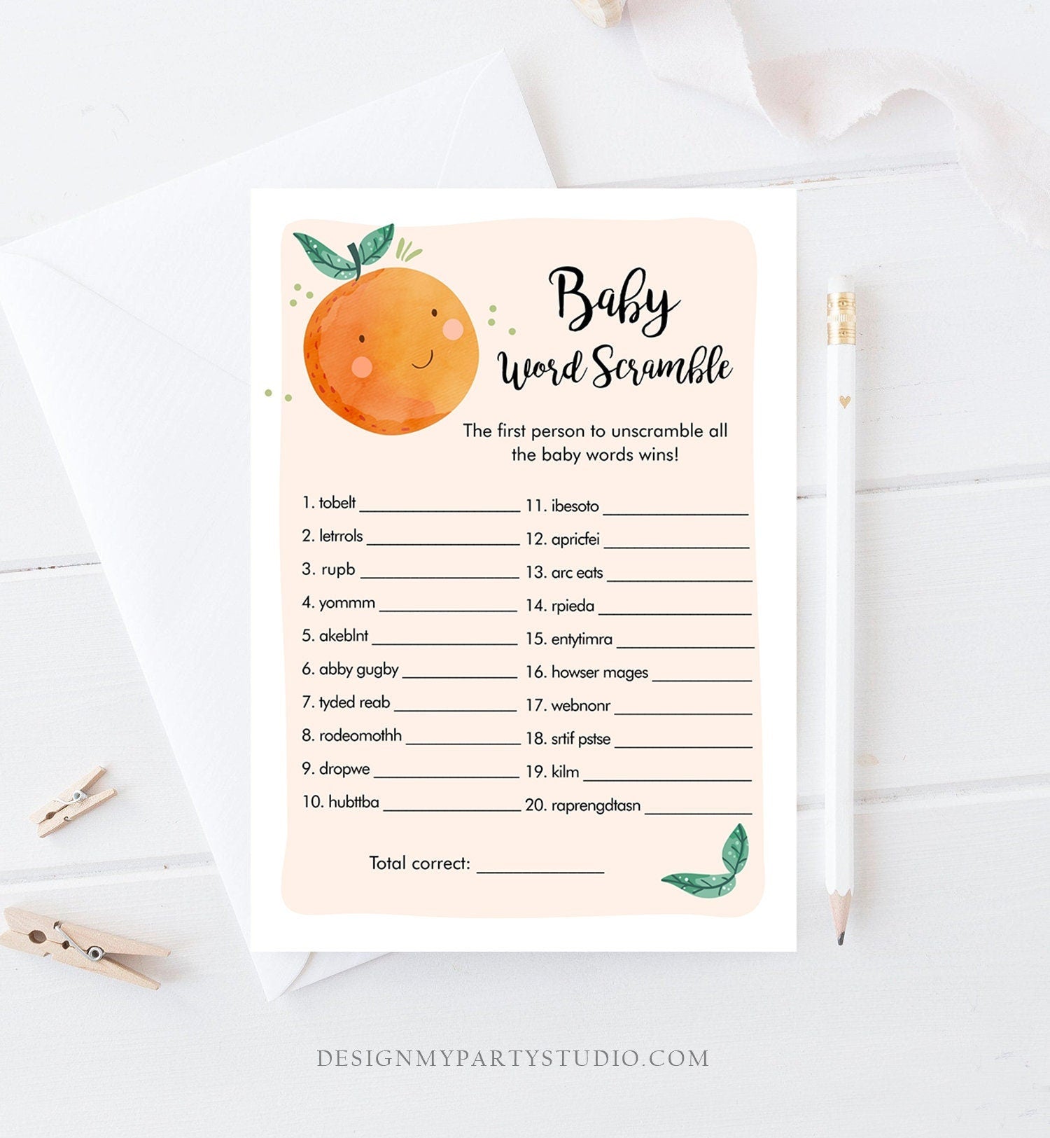 Editable Word Scramble Baby Shower Game Little Cutie Baby Shower Activity Gender Neutral Summer Word Search Corjl Template Printable 0330