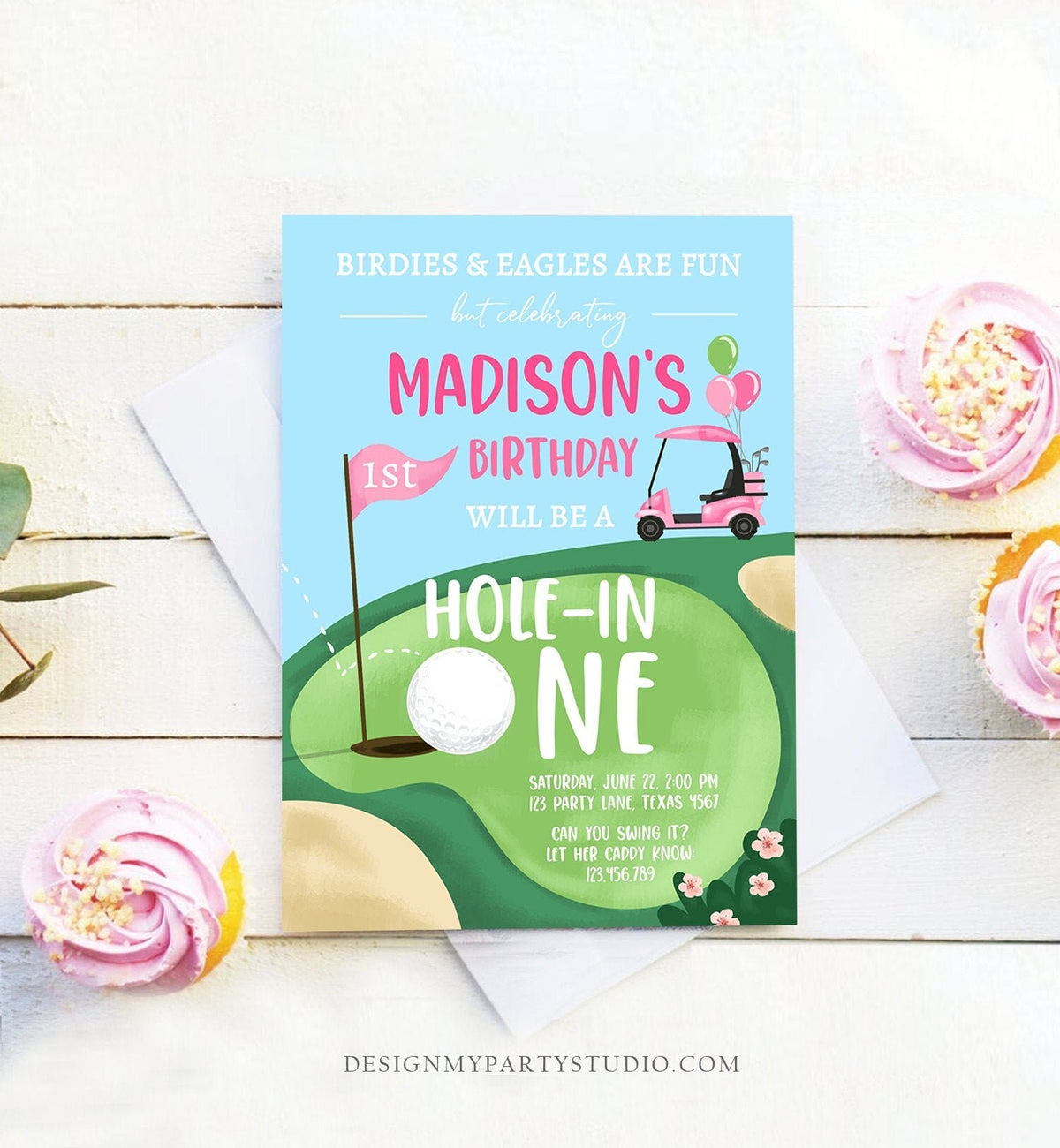 Editable Hole in One Birthday Invitation Golf First Birthday Par-tee Golf Invite Girl Golfing Download Printable Template Digital Corjl 0405