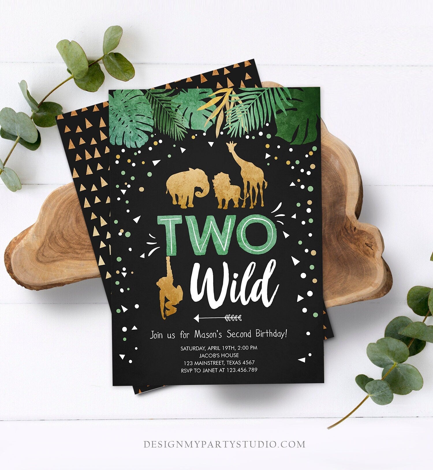 Editable Two Wild Birthday Invitation Safari Animals Wild Animals Black Gold Second Birthday 2nd Jungle Printable Corjl Template 0016