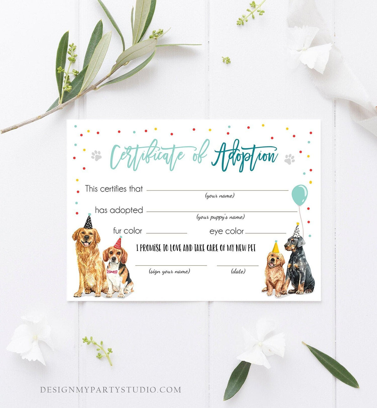 Pet Adoption Certificate Puppy Adoption Dog Birthday Party Adopt A Pet Boy Vet Puppy Adoption Blue Instant Download Digital PRINTABLE 0384