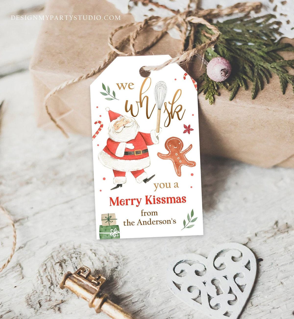 Editable We Whisk you a Merry Kissmas Tag Christmas Whisk Gift Tag Baking Tag Santa Holiday Favor Download Printable Template Corjl 0443