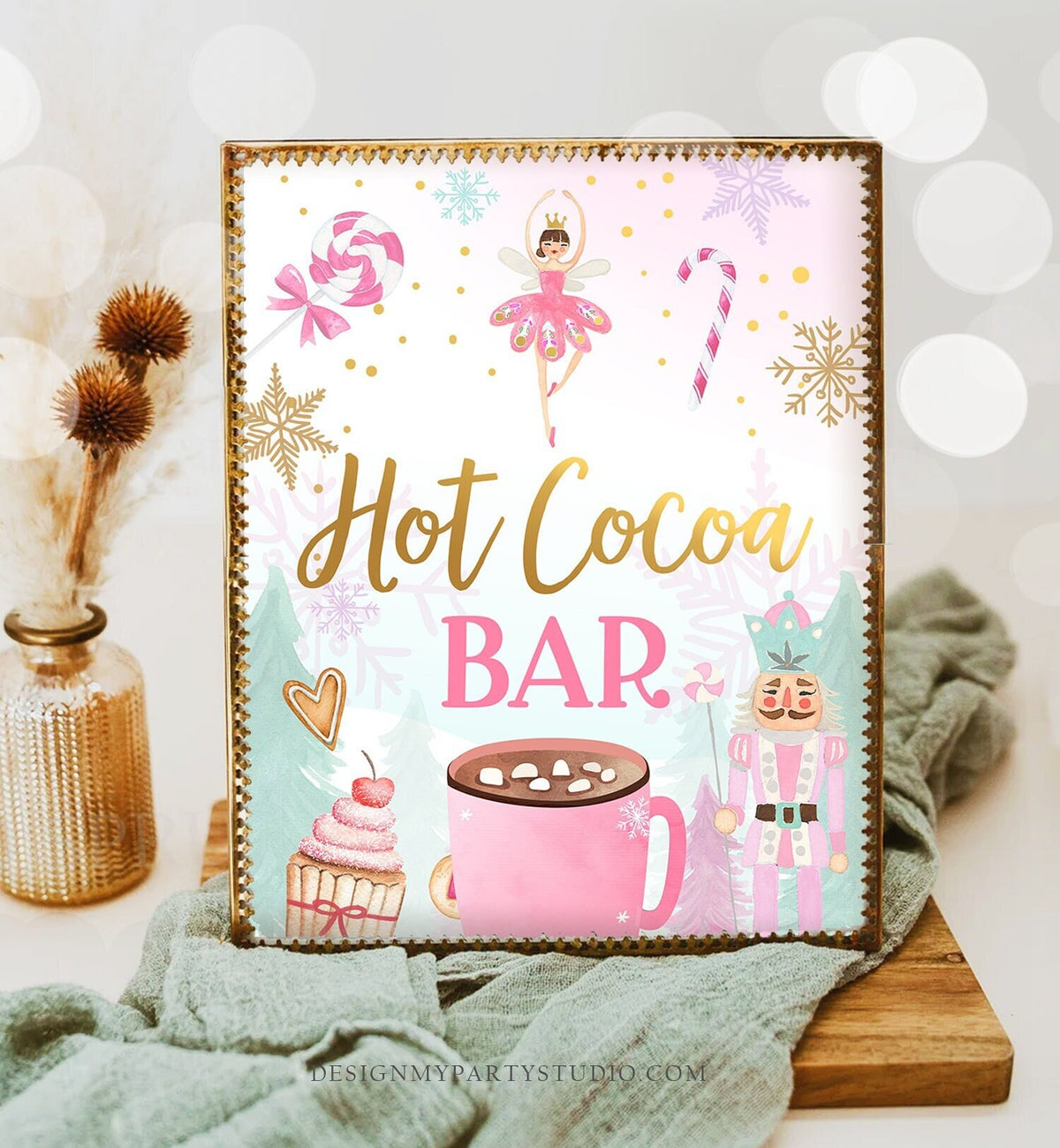 Hot Cocoa Bar Sign Nutcracker Birthday Decor Hot Chocolate Sign Girl Land of Sweets Pink Nutcracker Ballet Decor Download Printable 0352