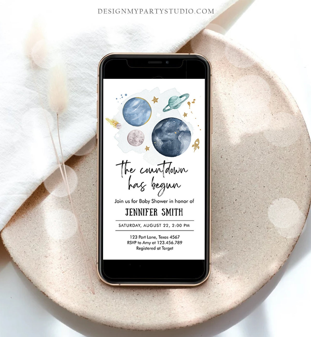 Editable Space Baby Shower Evite Galaxy Outer Space Planets Moon Countdown Electronic Invite Template Digital Instant Download Corjl 0357