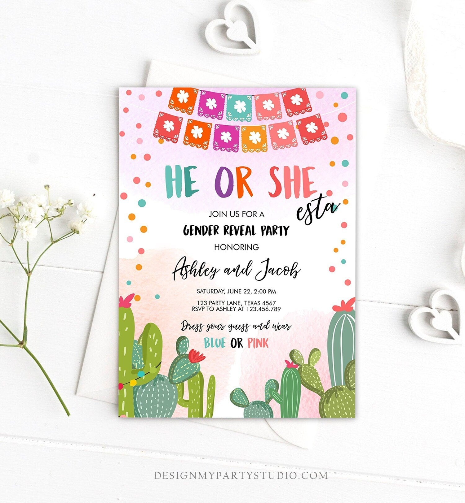 Editable Fiesta Gender Reveal Invitation He or She Boy or Girl Cactus Mexican She-esta Cactus Blue Pink Template Download Digital Corjl 0135