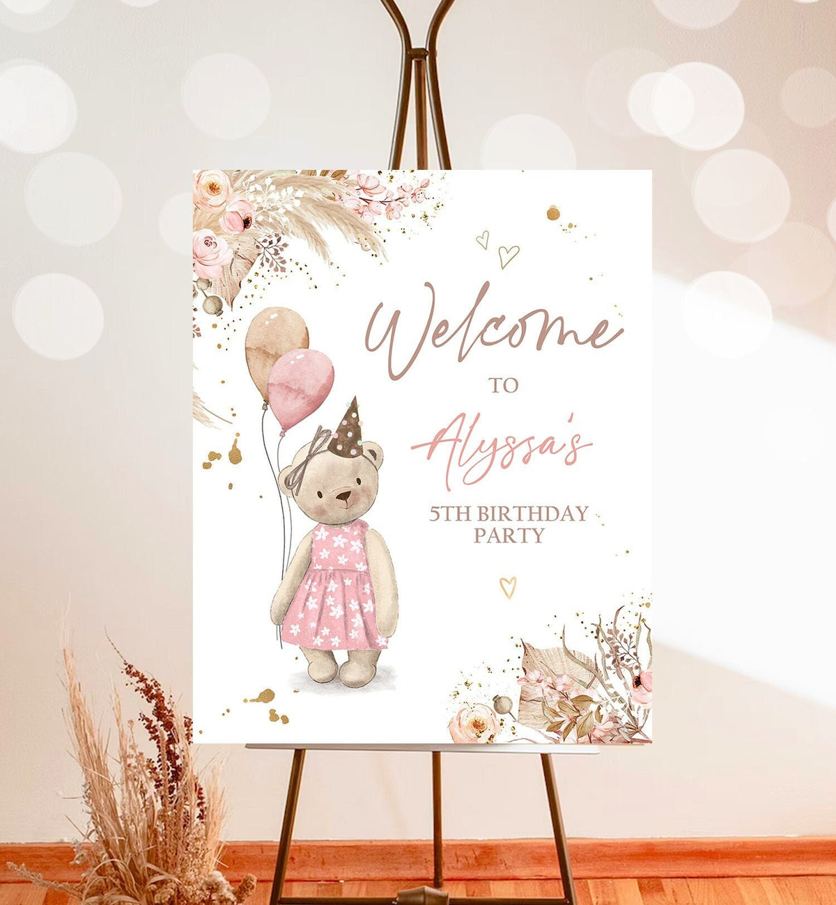 Editable Boho Teddy Bear Birthday Welcome Sign Bear Girl Bear-y First Teddy Bear Picnic Pink Boho Rustic Bear Corjl Template Printable 0421