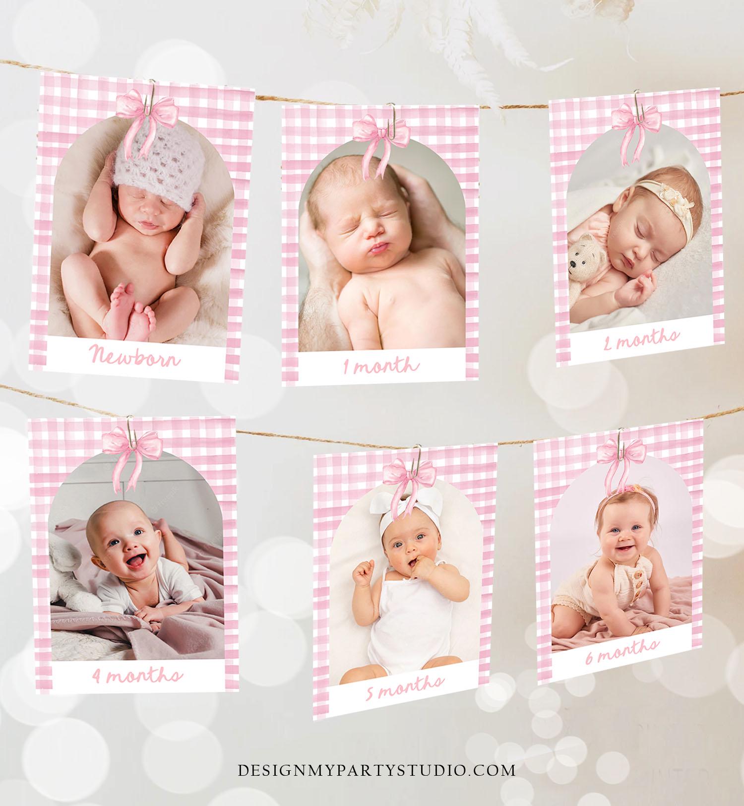 Editable Pink Bow Milestone Banner 12 Months First Birthday Monthly Photo Coquette Preppy 1st Birthday Digital Template Printable 0527