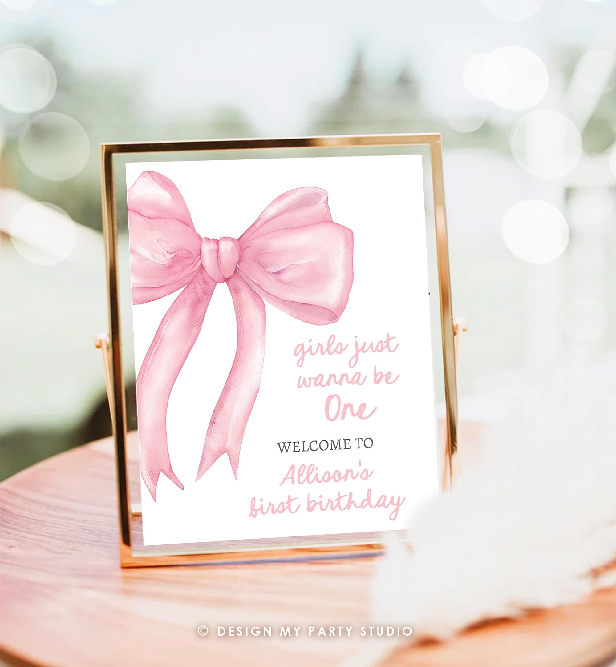 Editable Pink Bow Welcome Sign Girls Just Wanna Be One Birthday Sign Blush Pink Coquette Preppy 1st Minimal Digital Template Printable 0527